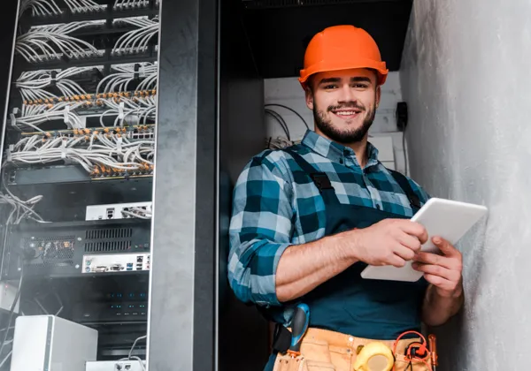 Smiling young male technician wearing an orange hard hat, plaid shirt, and tool belt holds a white tablet while standing beside a server rack filled with neatly organized cables and networking equipment in a data center.