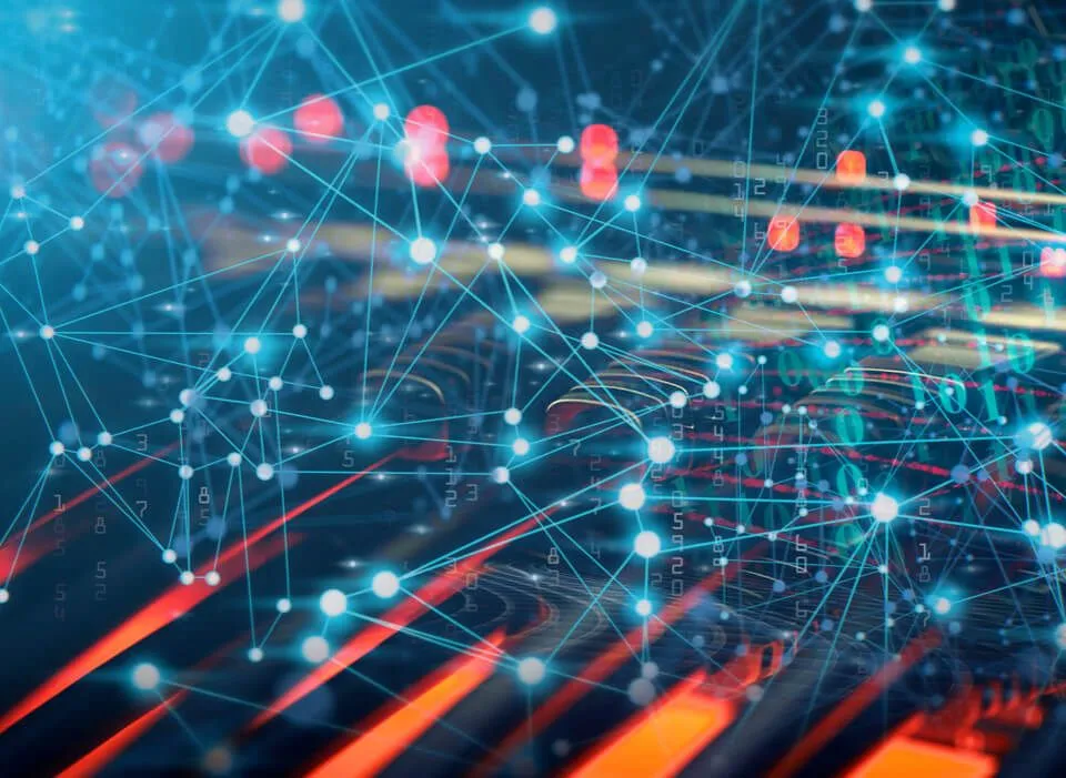 Abstract futuristic visualization of a glowing blue digital network with interconnected nodes and lines, floating binary code (0s and 1s), red accent points, security lock icons, and blurred orange data streams on a dark background.
