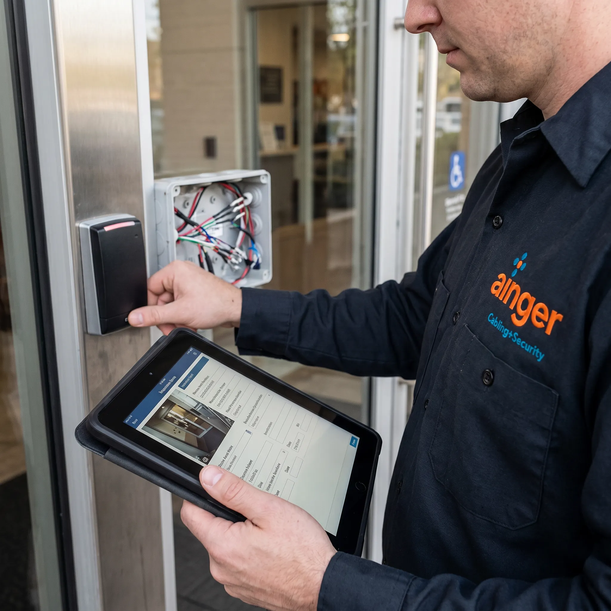 Access control system audit showing technician verifying Kantech card reader installation and testing electronic lock functionality
