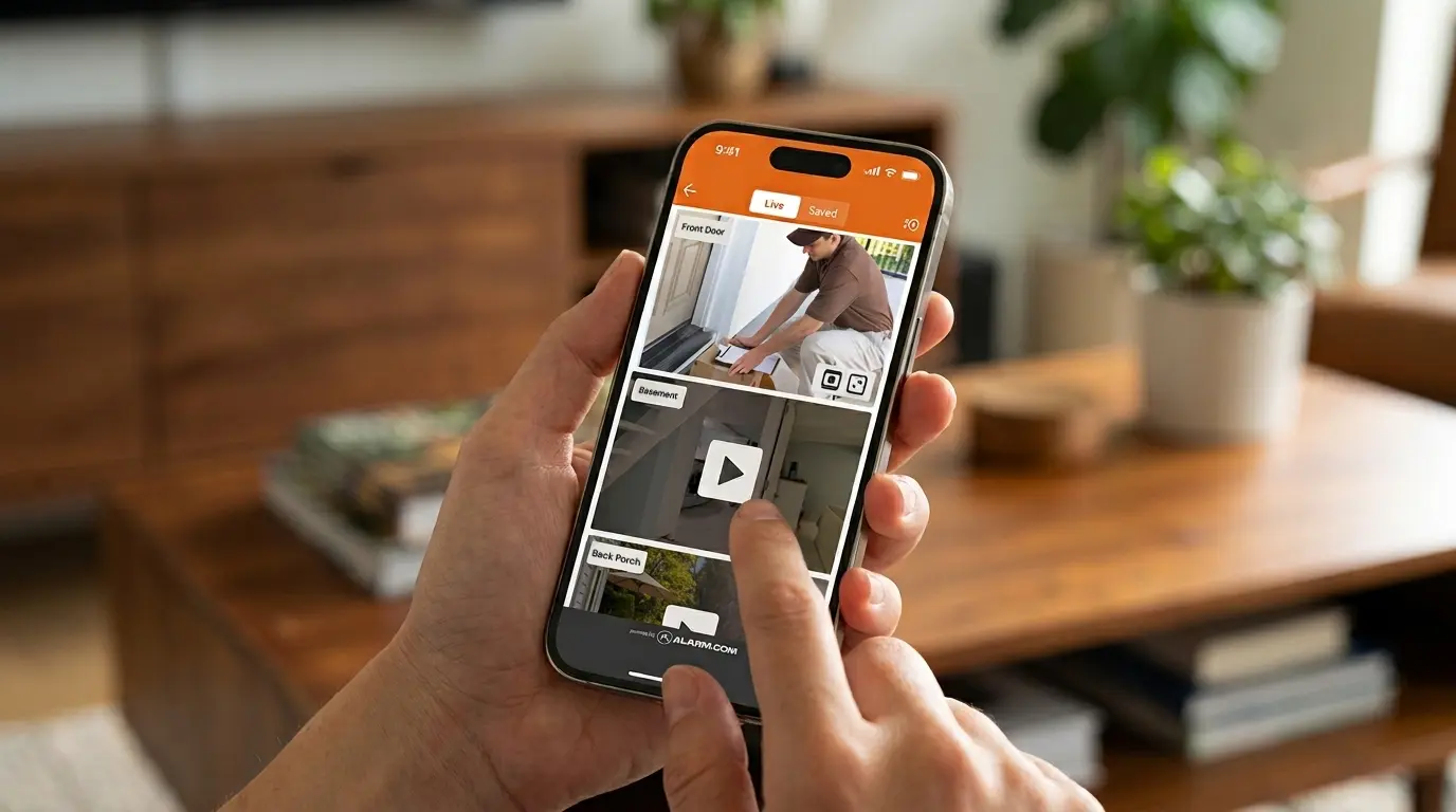 Alarm.com smartphone app showing live camera feeds from a residential security system