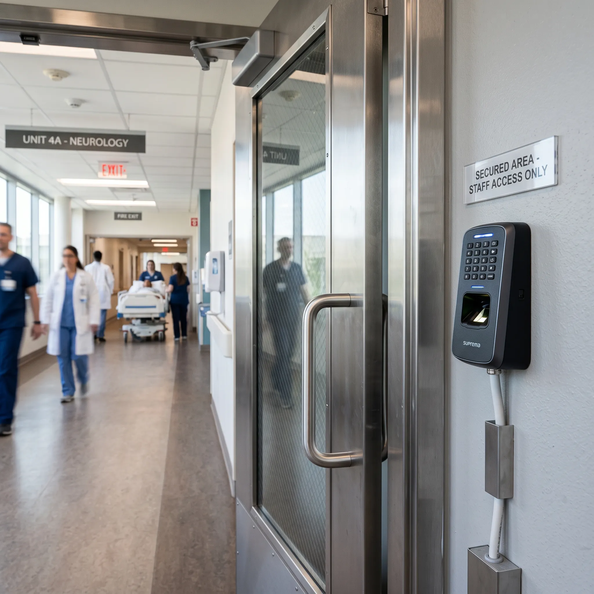 Biometric fingerprint access control reader installed on healthcare facility door at ADA-compliant height