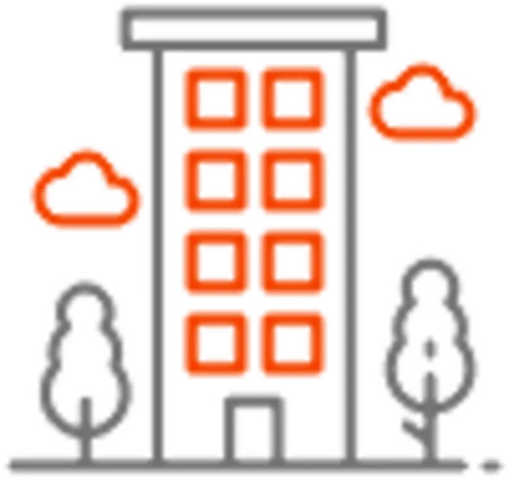 An illustration of a rectangular building with multiple windows, flanked by two trees on either side. Clouds float above the building. The design is simple, stylized, and uses outlines with a limited color palette.