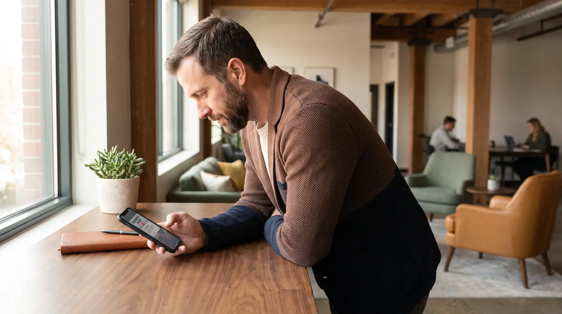 A man leans on a wooden table near a window, looking at his smartphone. On the table, there is a small plant and a leather notebook with a pen. The background features a lounge area with people seated and working, surrounded by green and brown chairs in a casual office environment.