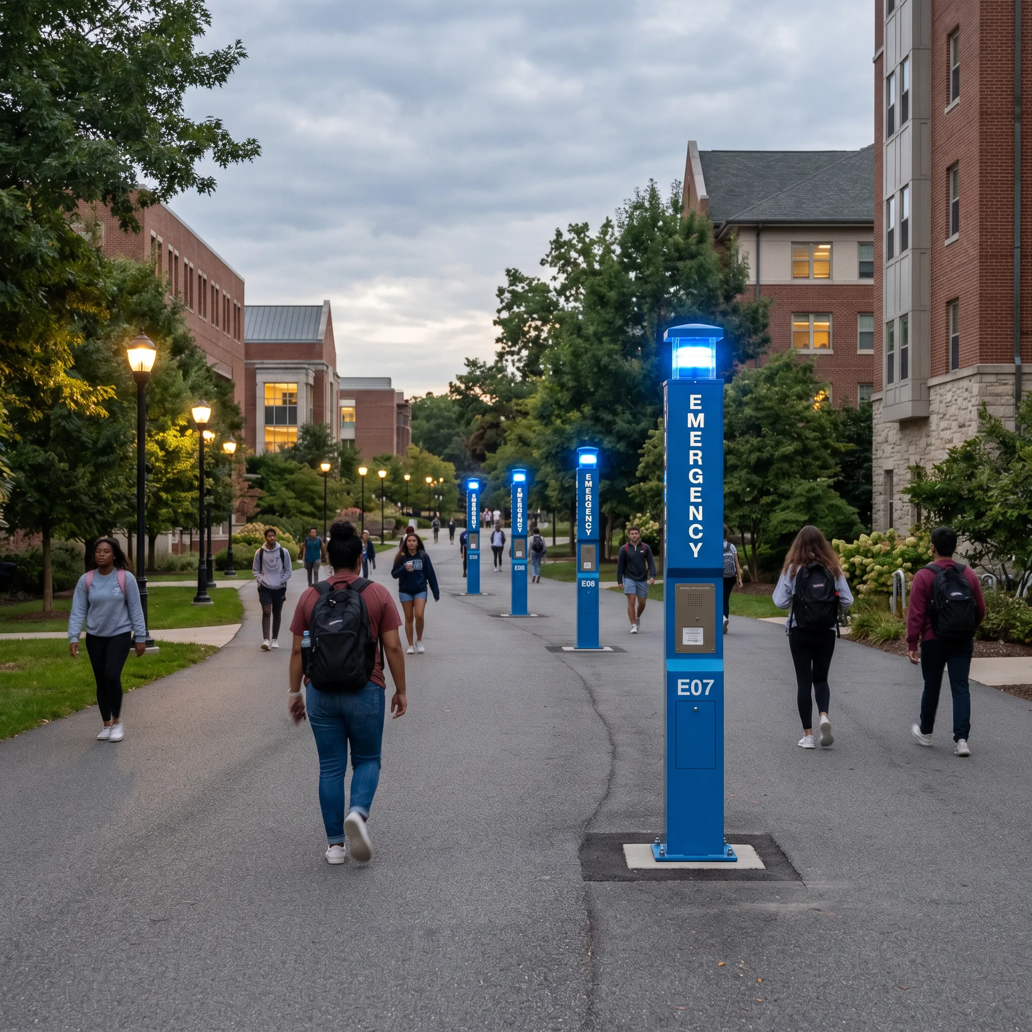 Campus walkway with multiple emergency call box stations along pedestrian path with integrated lighting