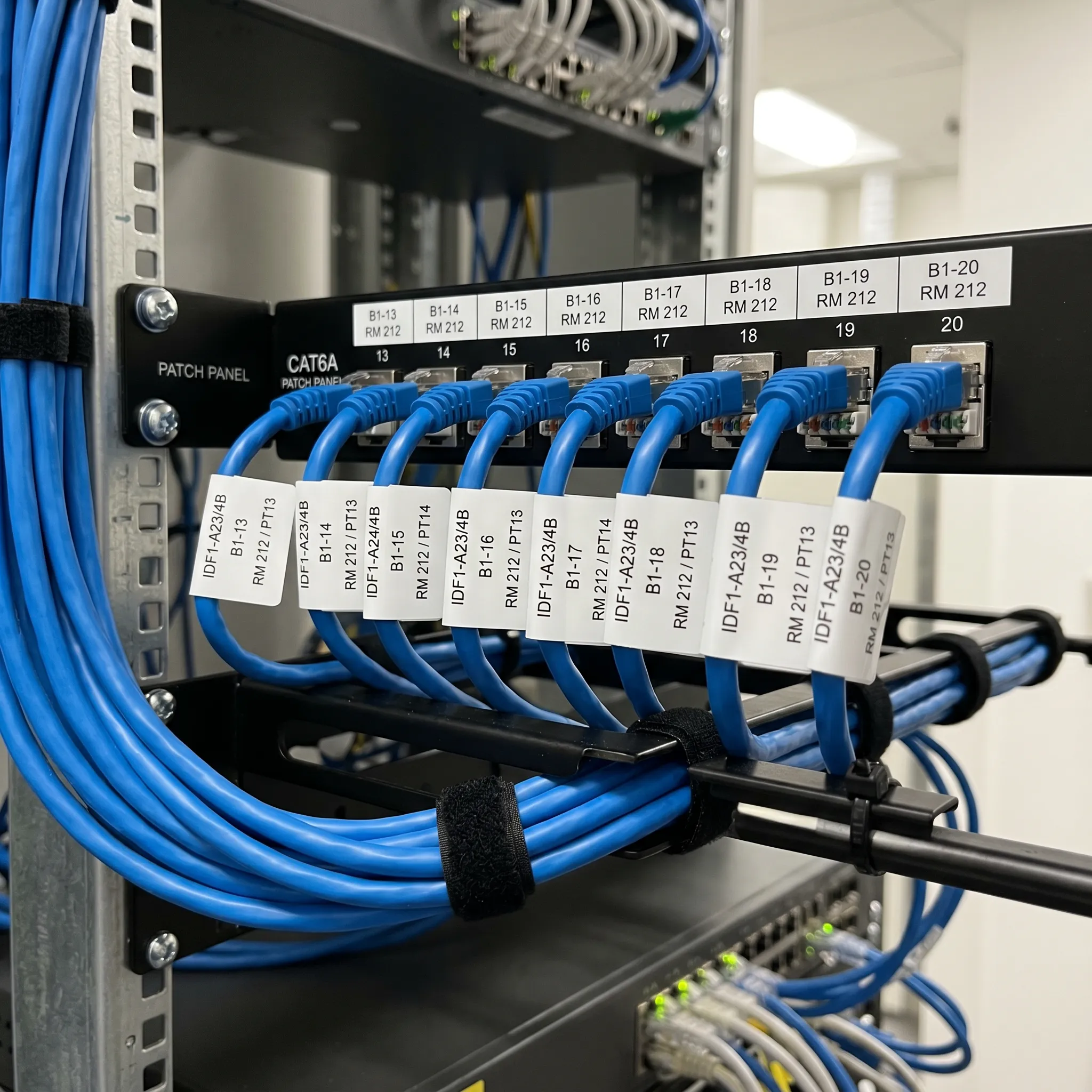 Cat6a structured cabling termination at patch panel with TIA-606 compliant labeling for commercial network infrastructure