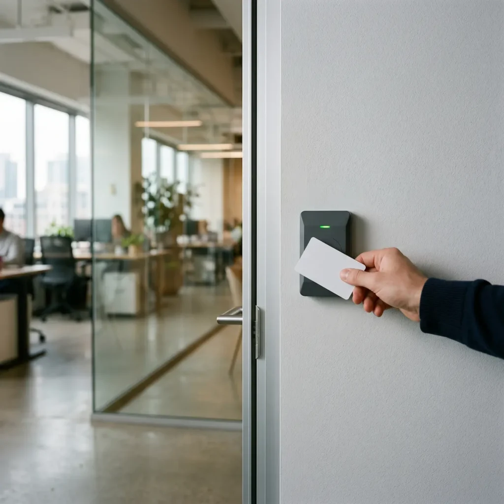 A hand tapping an access card on a wall-mounted card reader beside a glass door in a commercial office building