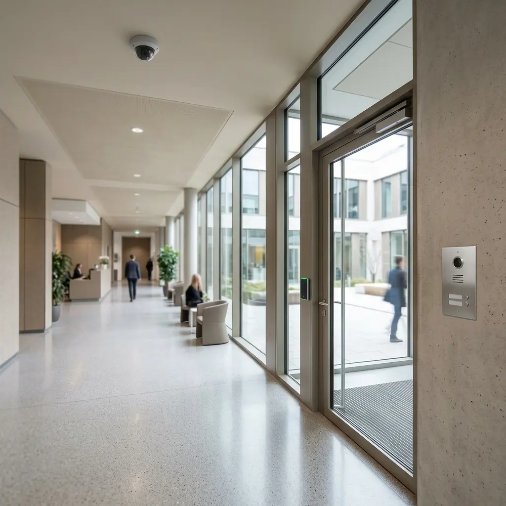 Modern commercial building lobby with integrated security systems including a dome camera, wall-mounted access control reader, and intercom panel