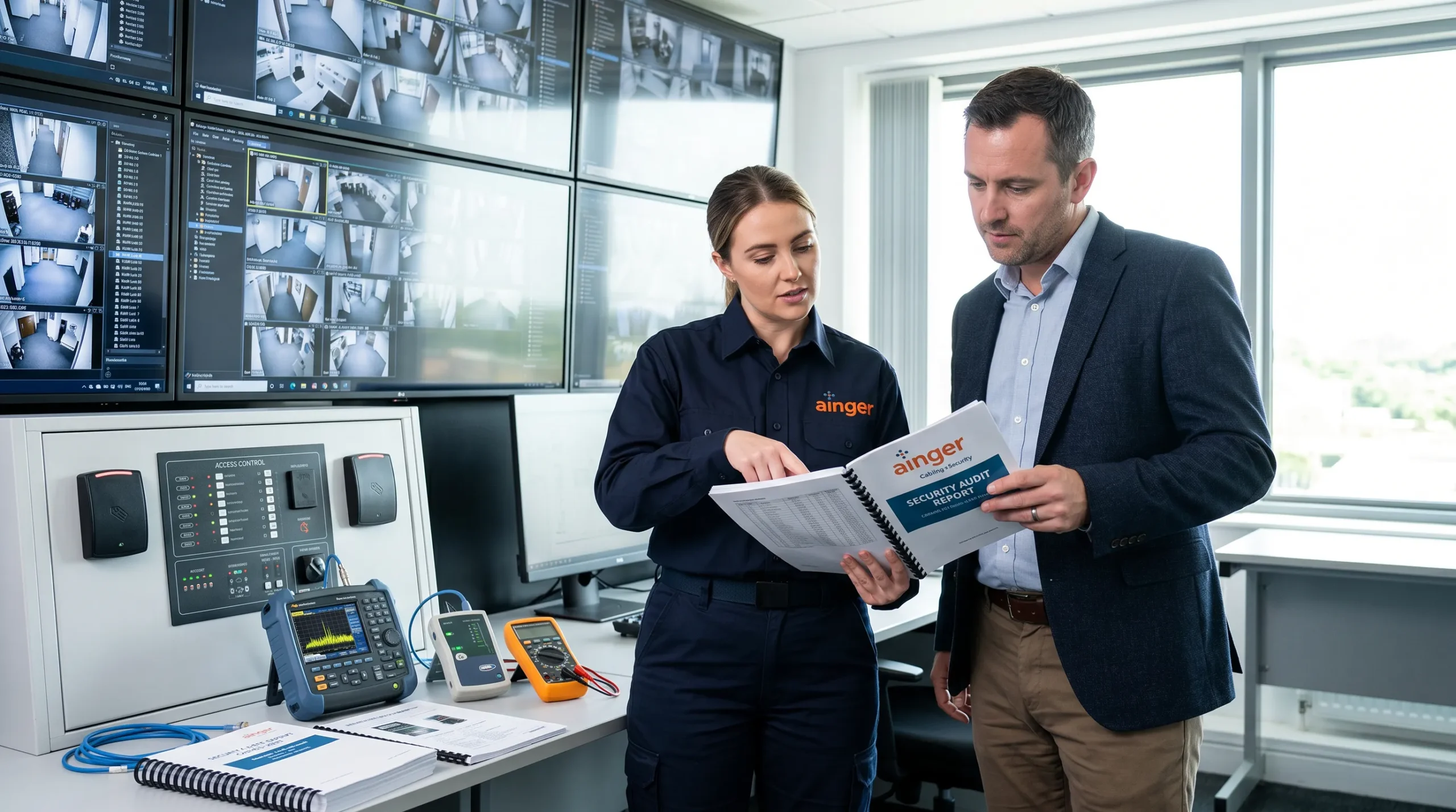 Commercial security audit in progress with technician testing access control panel and reviewing CCTV surveillance system for compliance verification