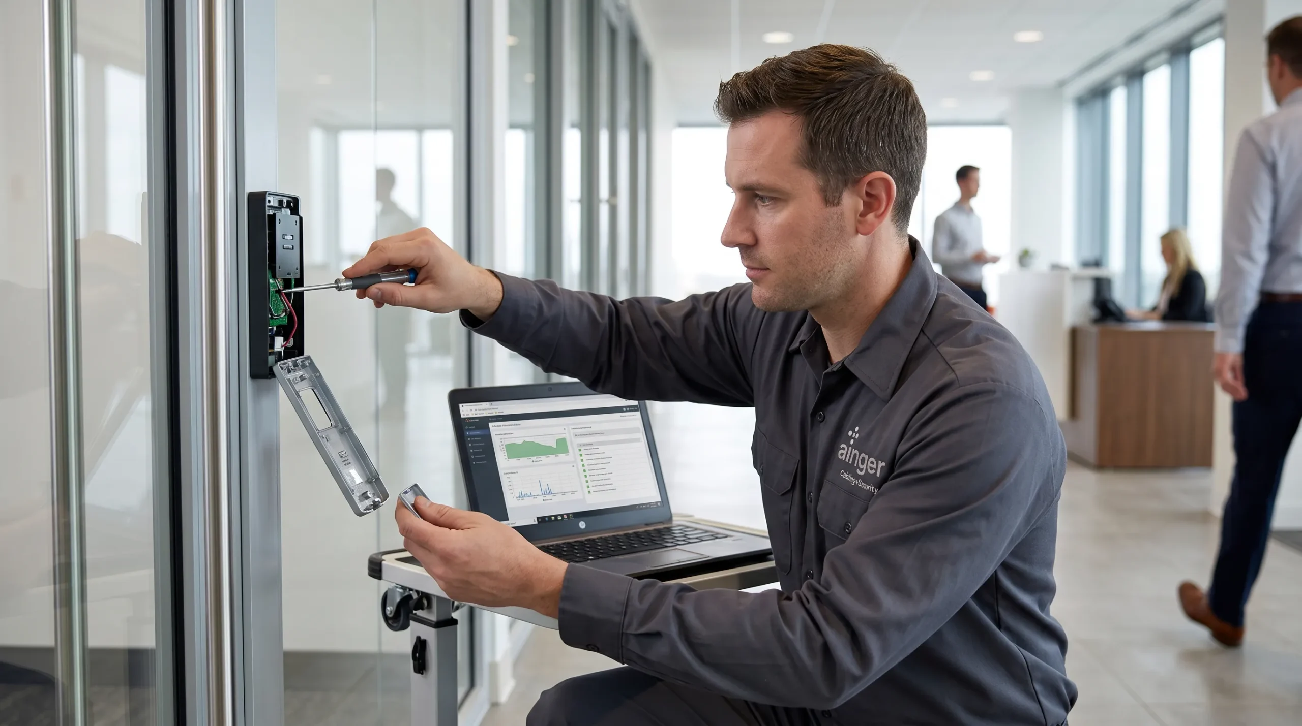 Security technician inspecting access control card reader during scheduled maintenance visit with diagnostic laptop