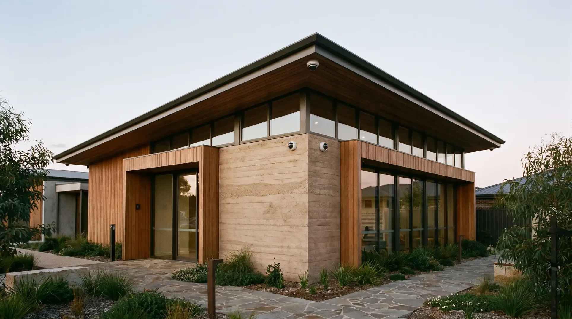 A contemporary one-story house with a flat roof, wooden and concrete exterior finishes, large windows, and a stone path leading to the entrance, surrounded by plants in the landscape.
