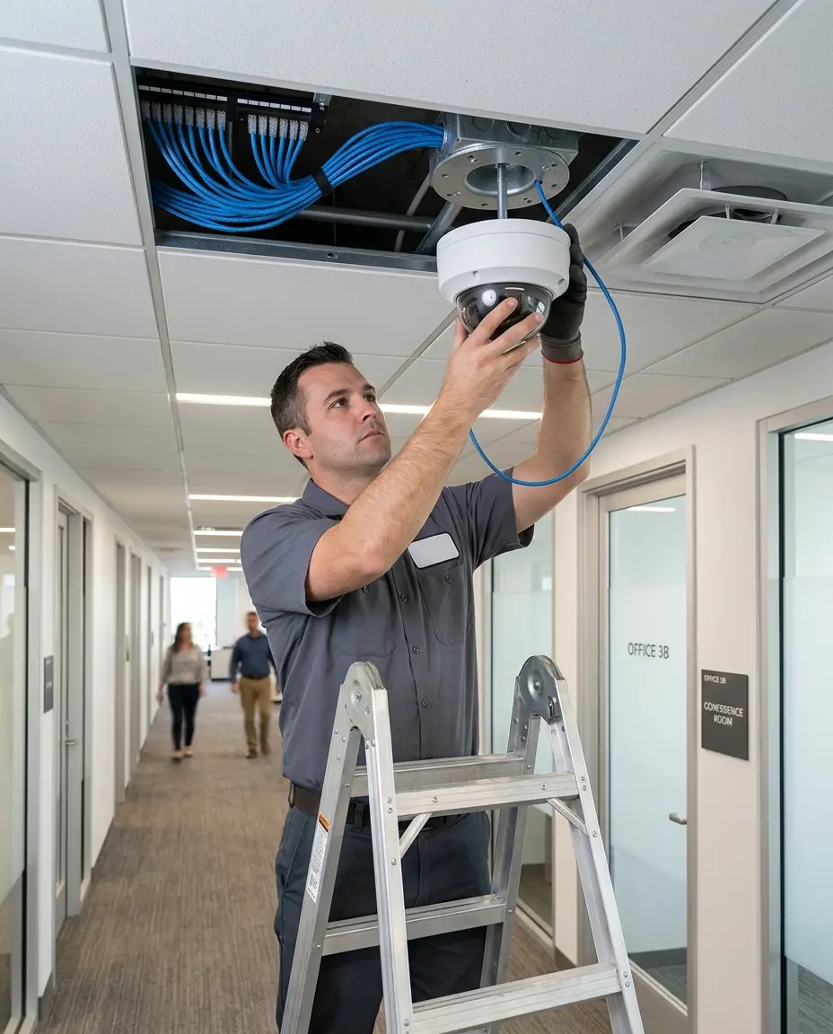 Security technician installing and configuring commercial surveillance camera at ceiling height in business facility