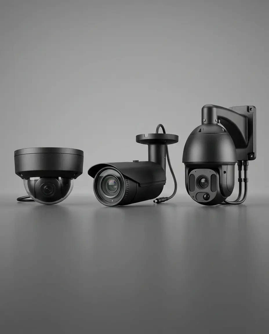 Comparison of commercial surveillance camera types including dome, bullet, and PTZ cameras for different facility environments
