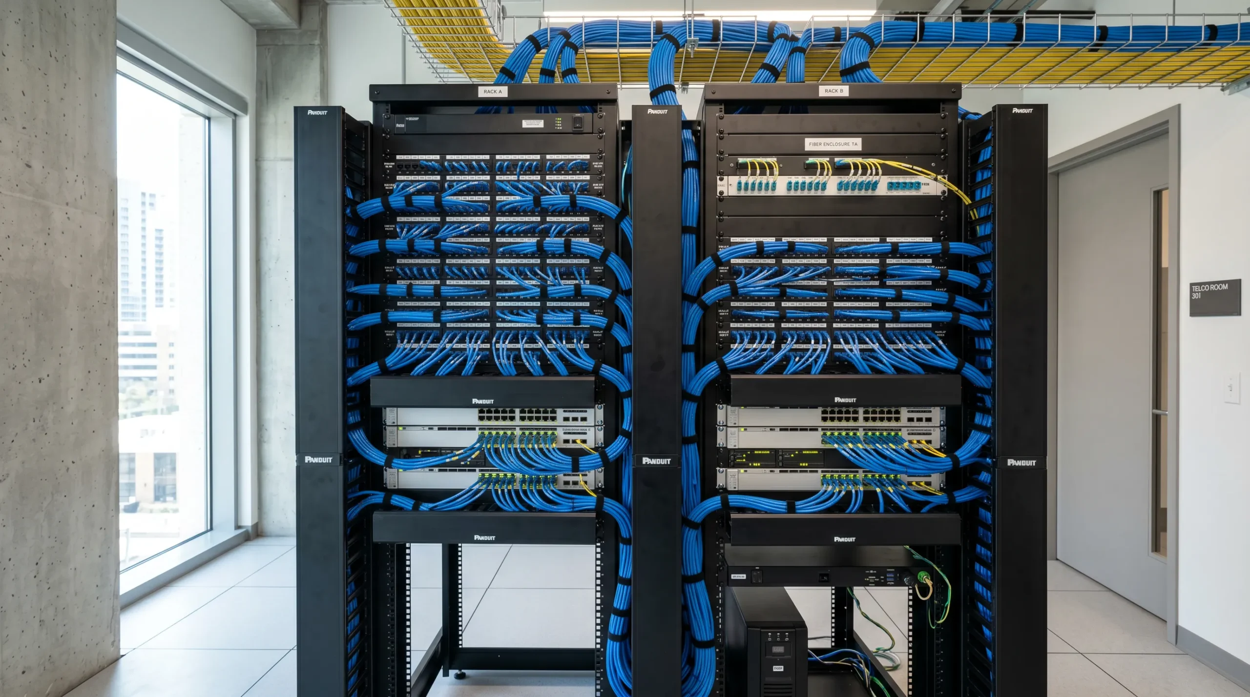 Organized structured cabling installation in commercial telecommunications room with labeled patch panels and network equipment