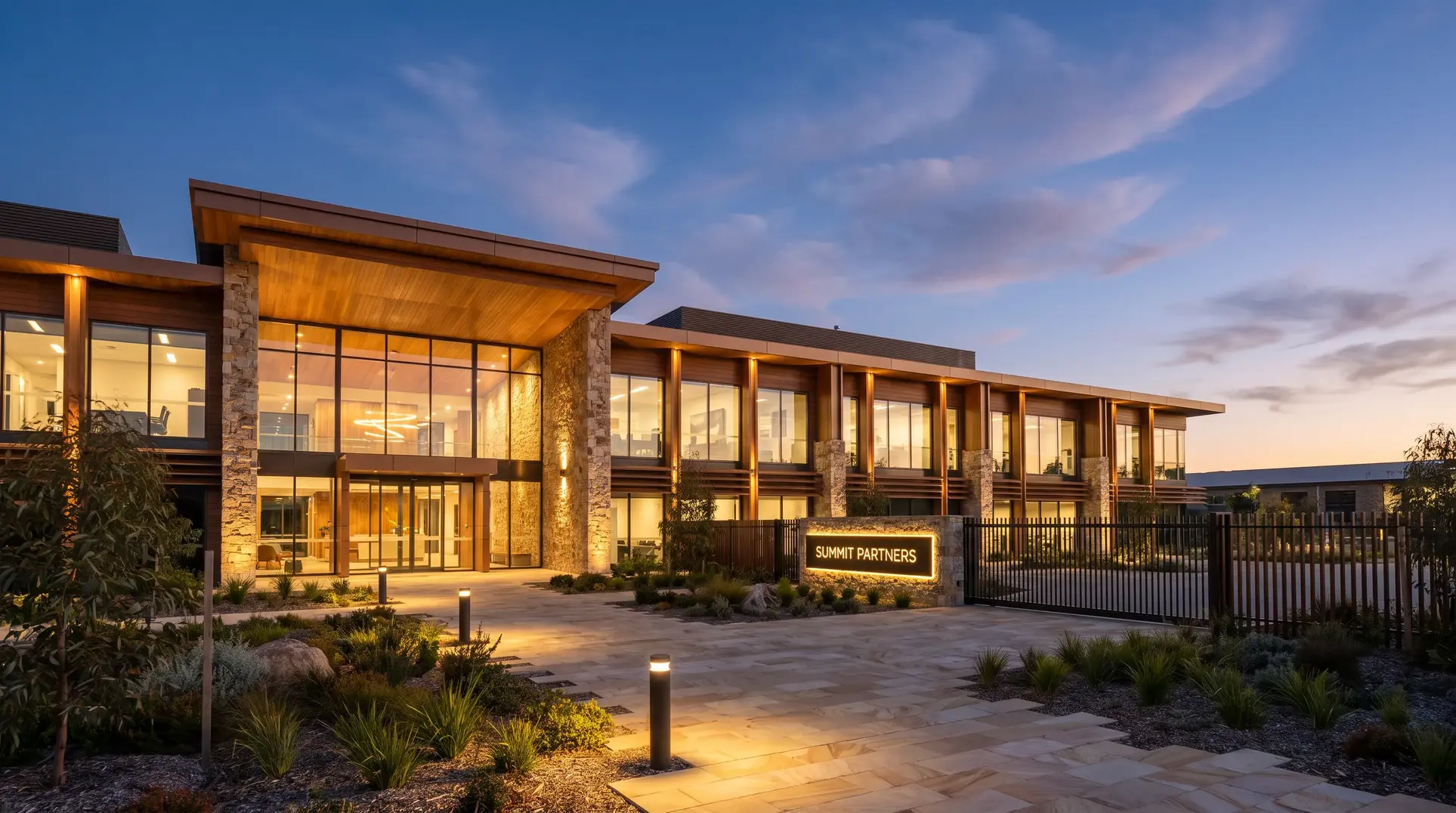 A modern building at dusk with large glass windows, stone accents, and a combination of wood and stone elements. Warm lighting highlights the architecture. The landscaped grounds in front feature various plants and a sign that reads 'Summit Partners.' The sky is partially cloudy, indicating it is evening.