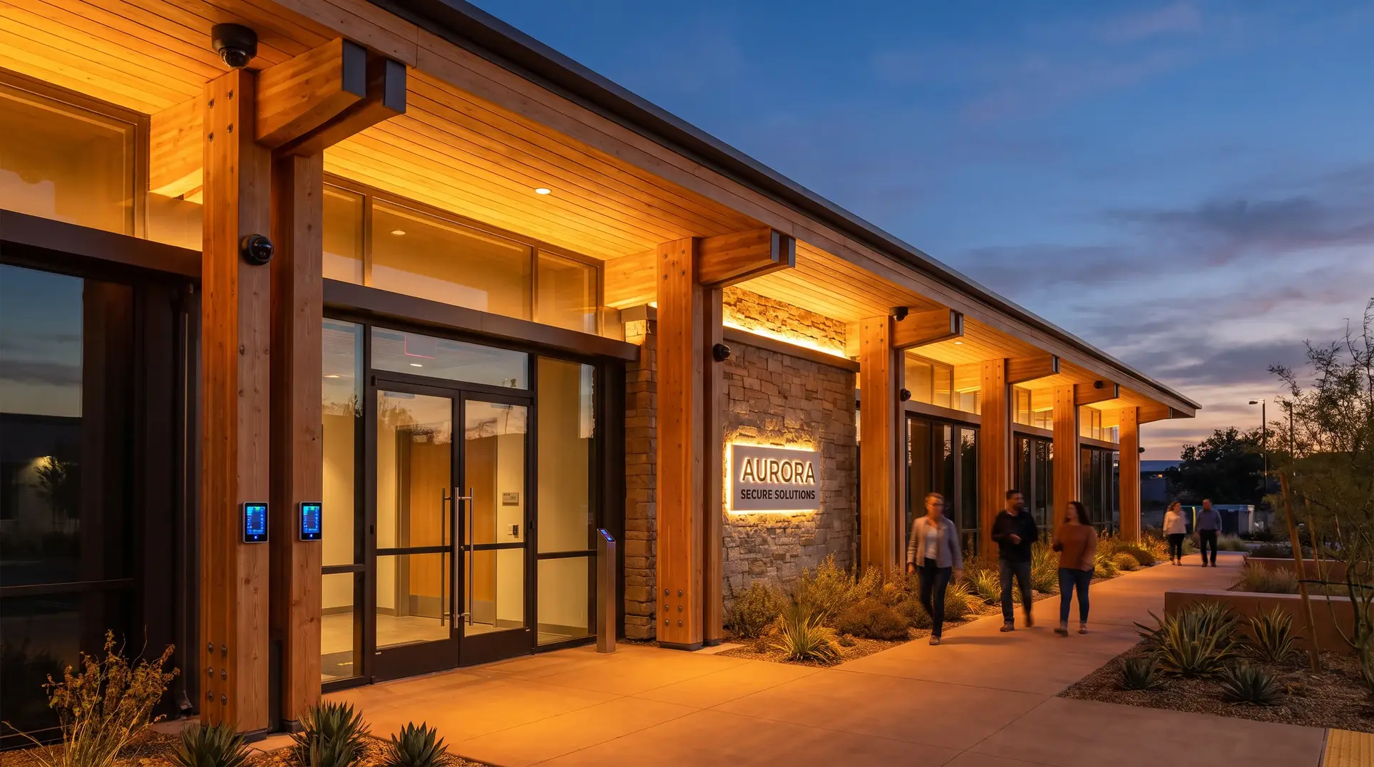 The exterior of a modern building at dusk featuring wood and stone design elements. Warm lighting illuminates the entrance, which displays a sign reading 'AURORA SECURE SOLUTIONS.' People walk along a pathway in front of the building, surrounded by plants and landscaping.