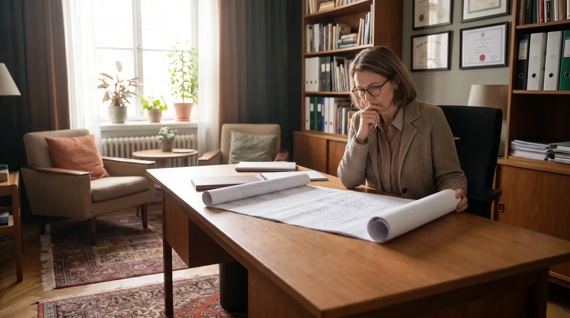 A woman sits at a wooden desk, deeply focused on architectural blueprints or papers spread across the table. The office features shelves filled with books and binders, framed certificates on the wall, and natural light streaming through a window. The room is decorated with comfortable seating, pillows, and potted plants, creating a warm and inviting atmosphere.