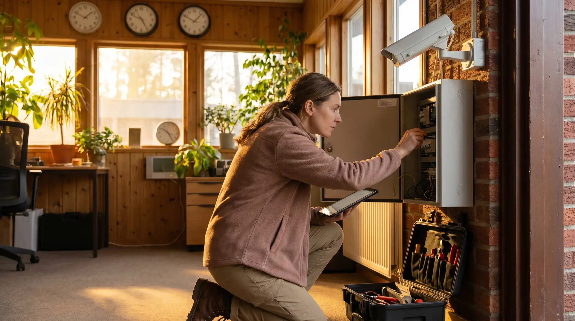 A person kneeling indoors, working on an electrical panel on the wall while holding a tablet. Nearby is a tool case with various tools. The room features wooden paneling, potted plants, a desk, and wall clocks, suggesting it is a tidy and organized home or office space.