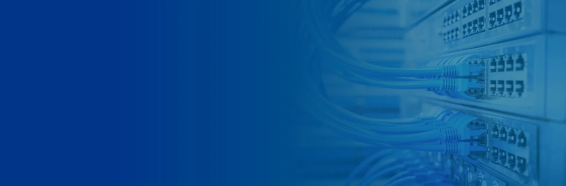 Wide blue-toned banner image featuring professional network switches with neatly connected blue Ethernet cables, subtle gradient overlay, perfect as a contact page background representing reliable connectivity, IT infrastructure, and integrated HVAC/building automation systems