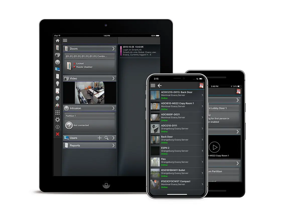 The image displays a security management application interface on a tablet and two smartphones. The application manages video surveillance and access control systems with sections for doors, video feeds, intrusion detection, user management, and reports. Screens show door statuses, video camera feeds from different locations, door locking status, and server connectivity details.