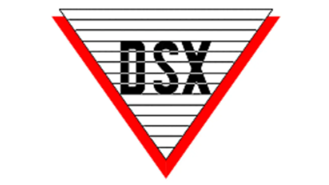 A logo featuring a triangular design with a red outline. The letters 'DSX' are prominently displayed across the center, with a background of horizontal lines enhancing the overall design.