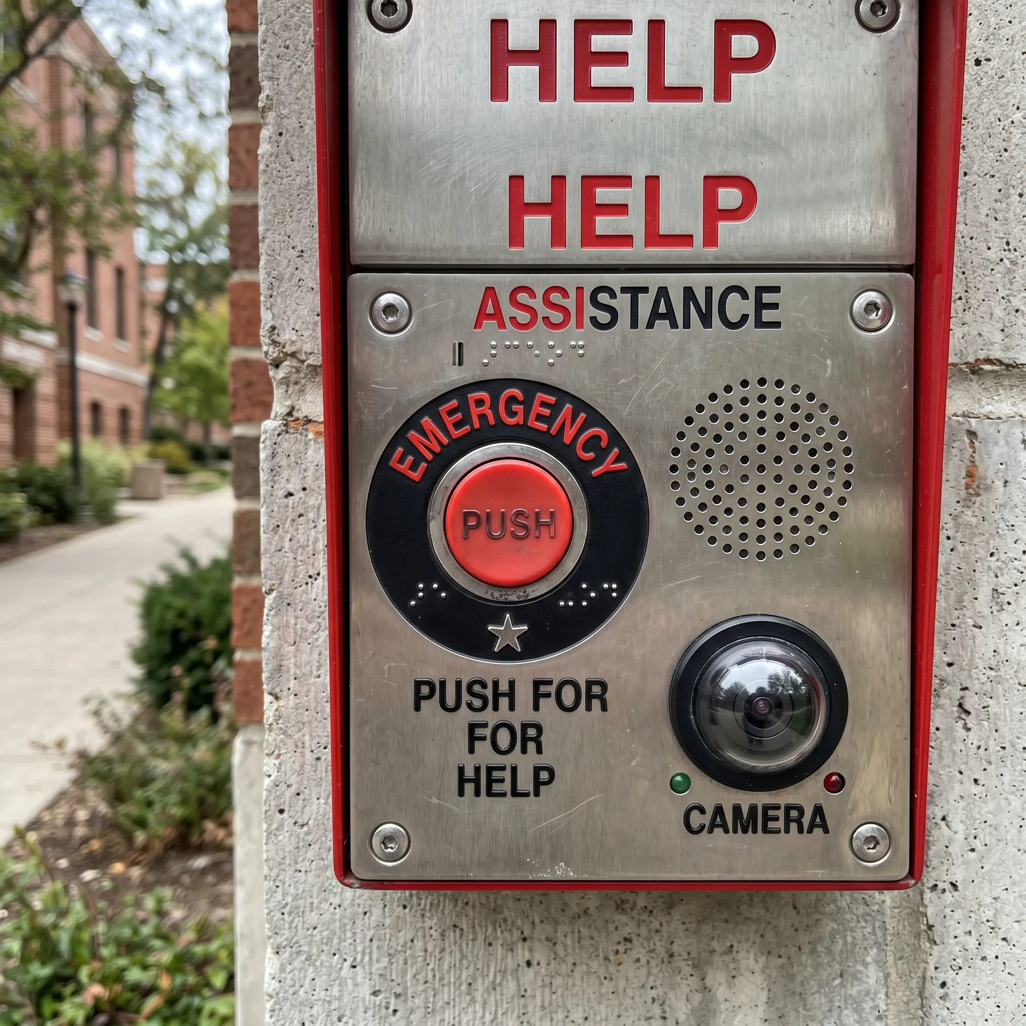 Close-up of weather-resistant emergency call box interface with push-button, speaker, and integrated camera