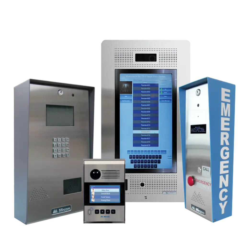 The image showcases multiple intercom and security communication devices, including two metallic intercom units with keypads, a touchscreen interface for directories or communication, a smaller intercom unit with a display screen showing user names, and a blue emergency call station. These devices are commonly used in residential or commercial buildings for security and communication functions.