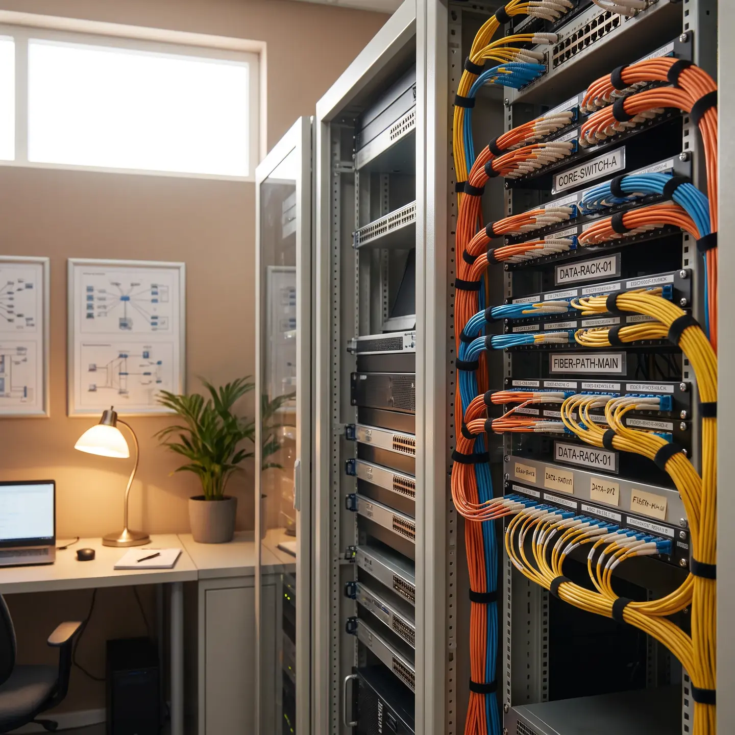 A server room featuring a network rack with organized cables and labeled devices such as 'CORE-SWITCH-A' and 'DATA-RACK-01.' In the background, a small office setup includes a desk, chair, lamp, laptop, framed technical diagrams, and a potted plant, blending technical and workspace elements.