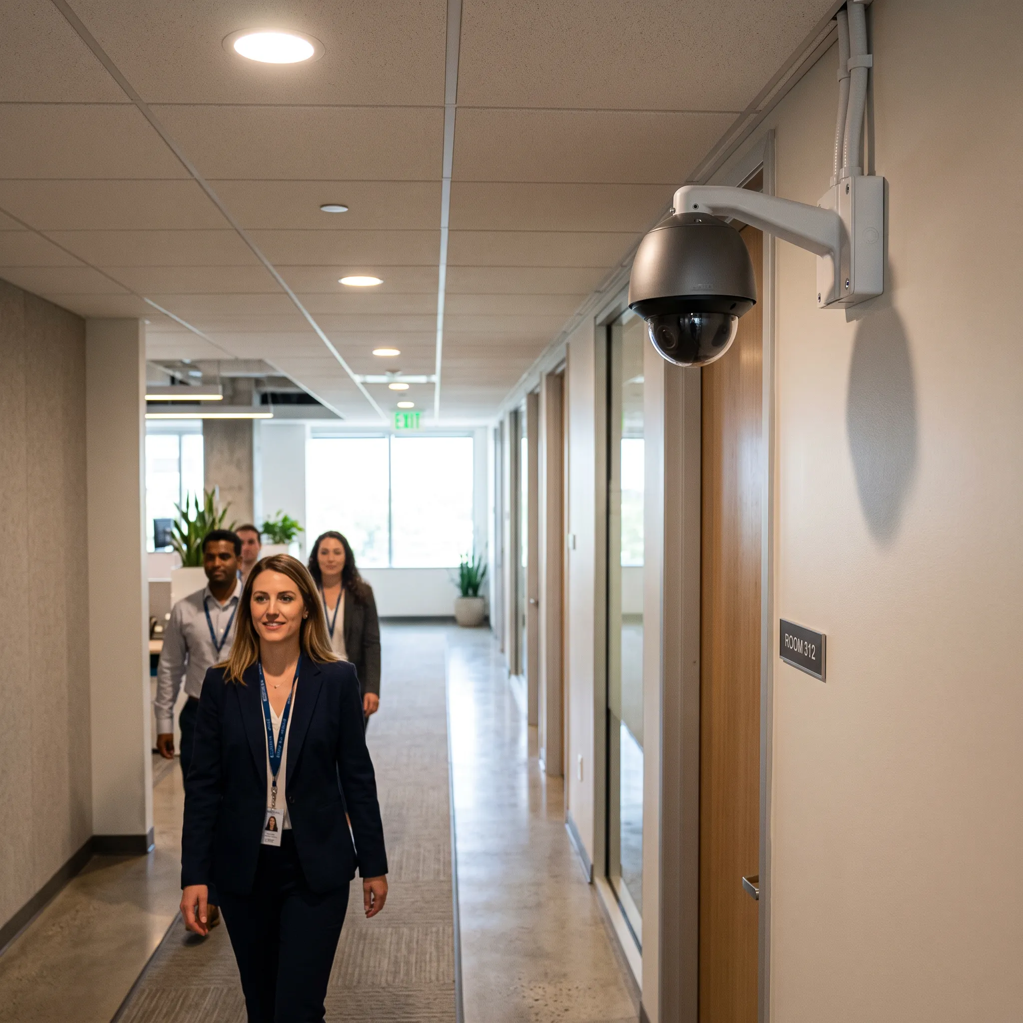 High-resolution IP camera with facial recognition capability mounted at optimal height in commercial corridor