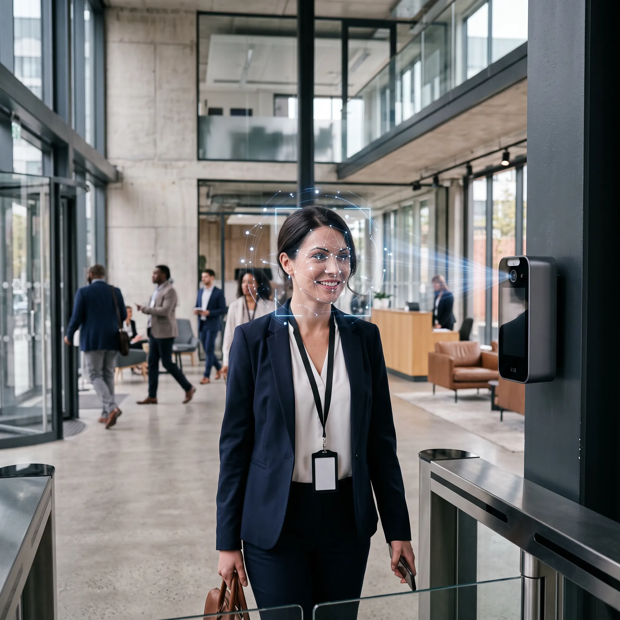 Commercial facial recognition camera scanning person entering building lobby with digital overlay