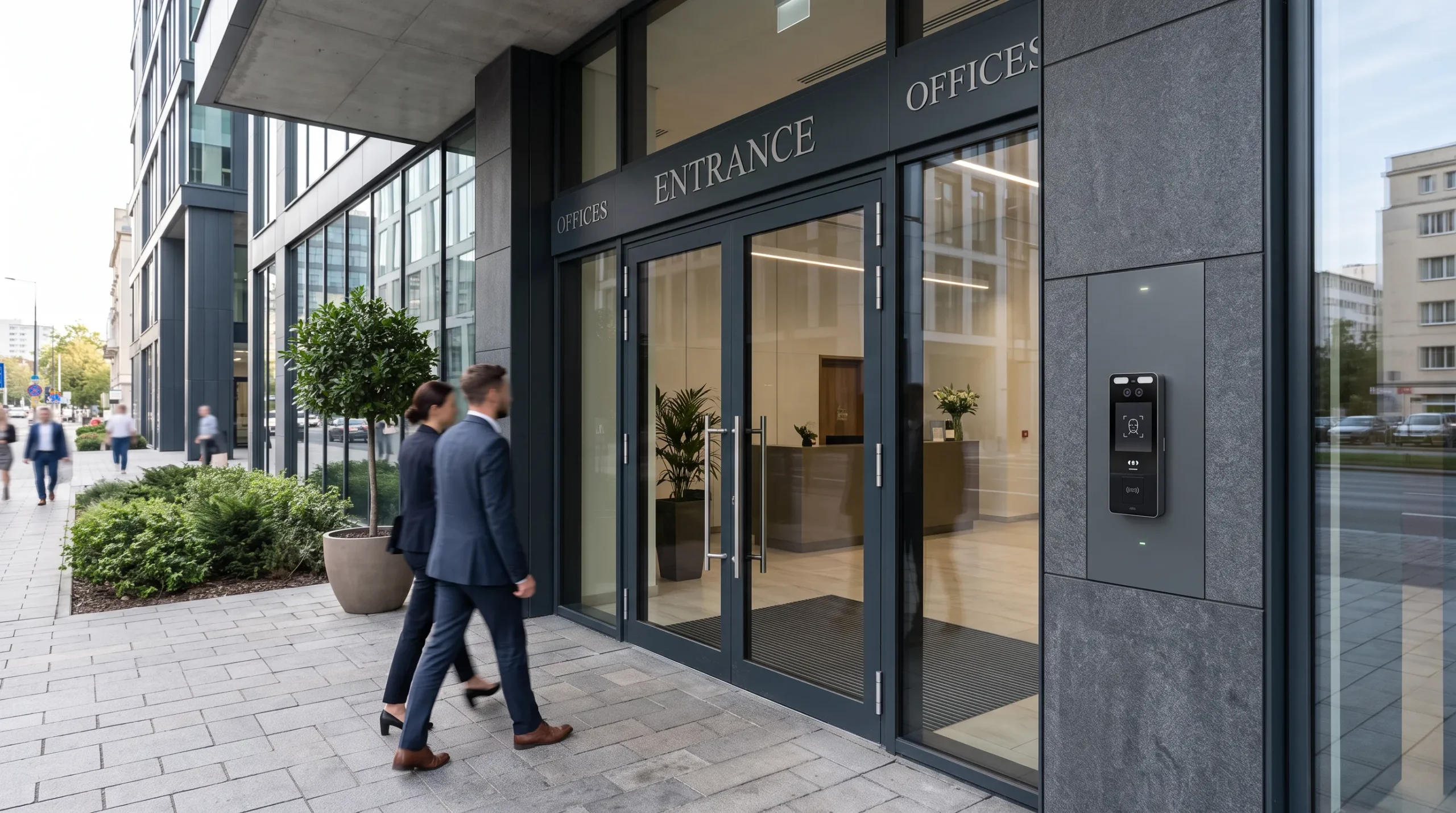 Modern commercial building entrance with integrated facial recognition and access control hardware