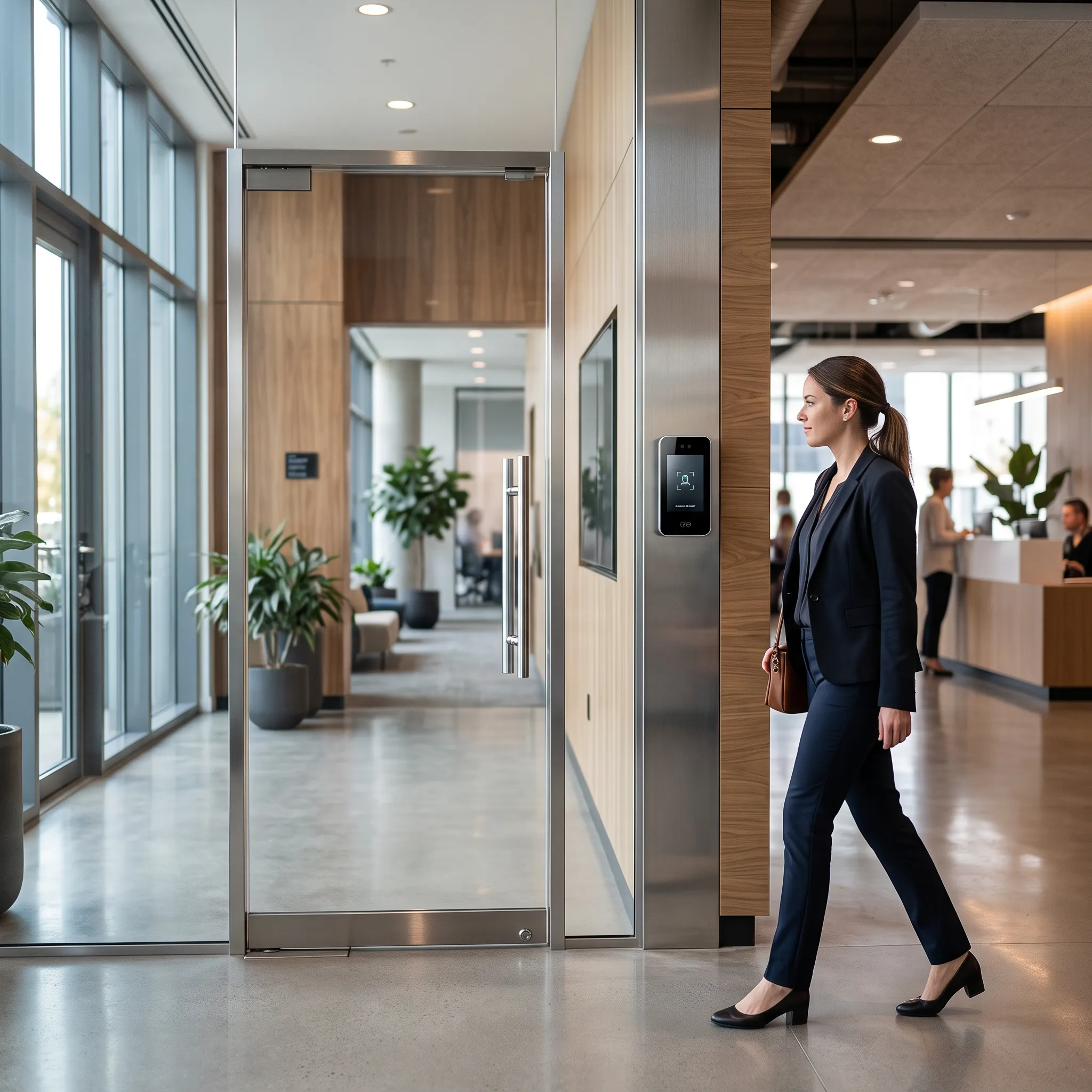 Touchless access control entry point with facial recognition reader beside glass door