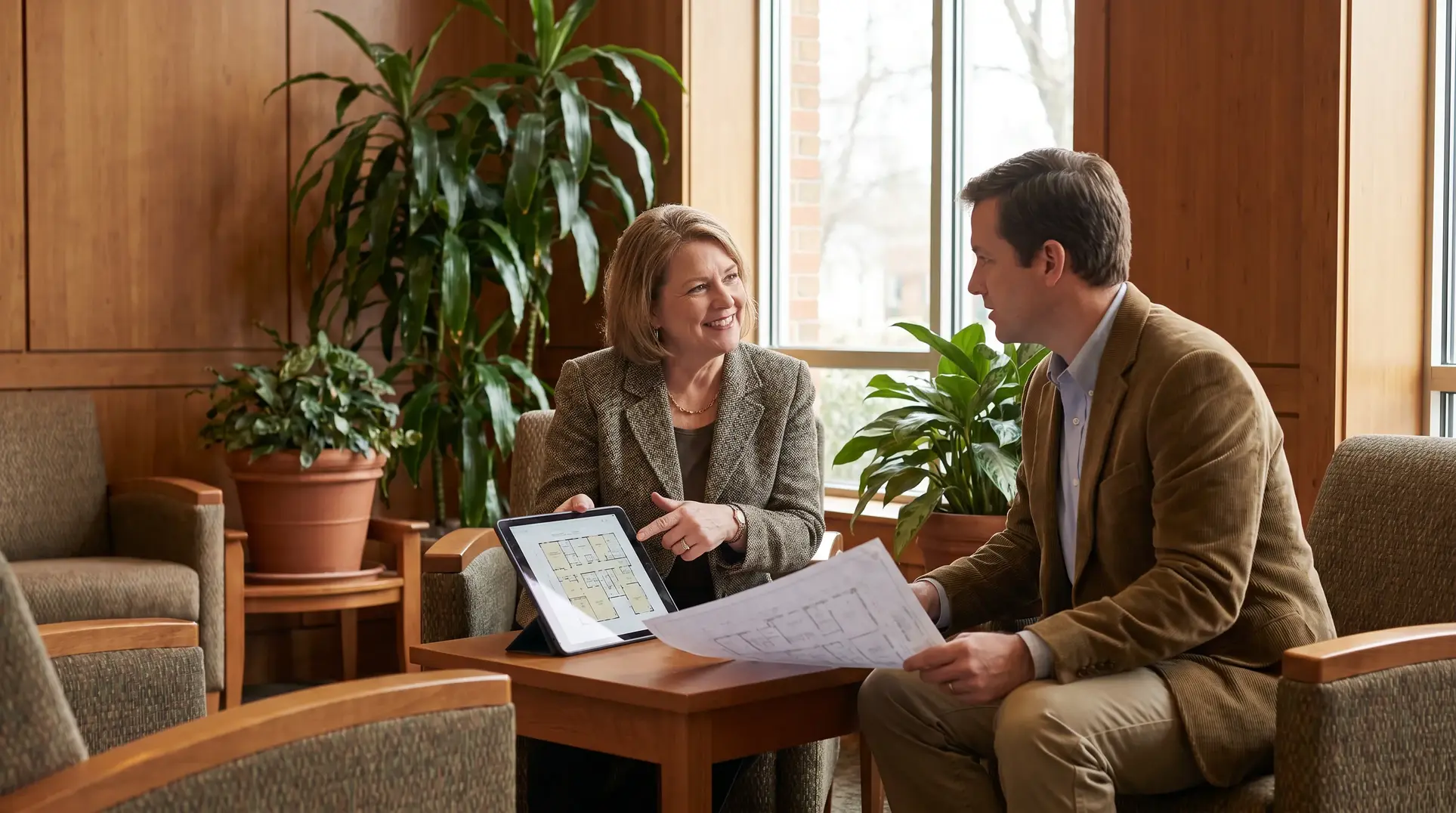 Two people sitting in a well-lit room with several potted plants, having a discussion. The woman is holding a tablet displaying a floor plan, and the man is holding papers with floor plans. The setting features wooden furniture, large windows, and a professional yet comfortable atmosphere.