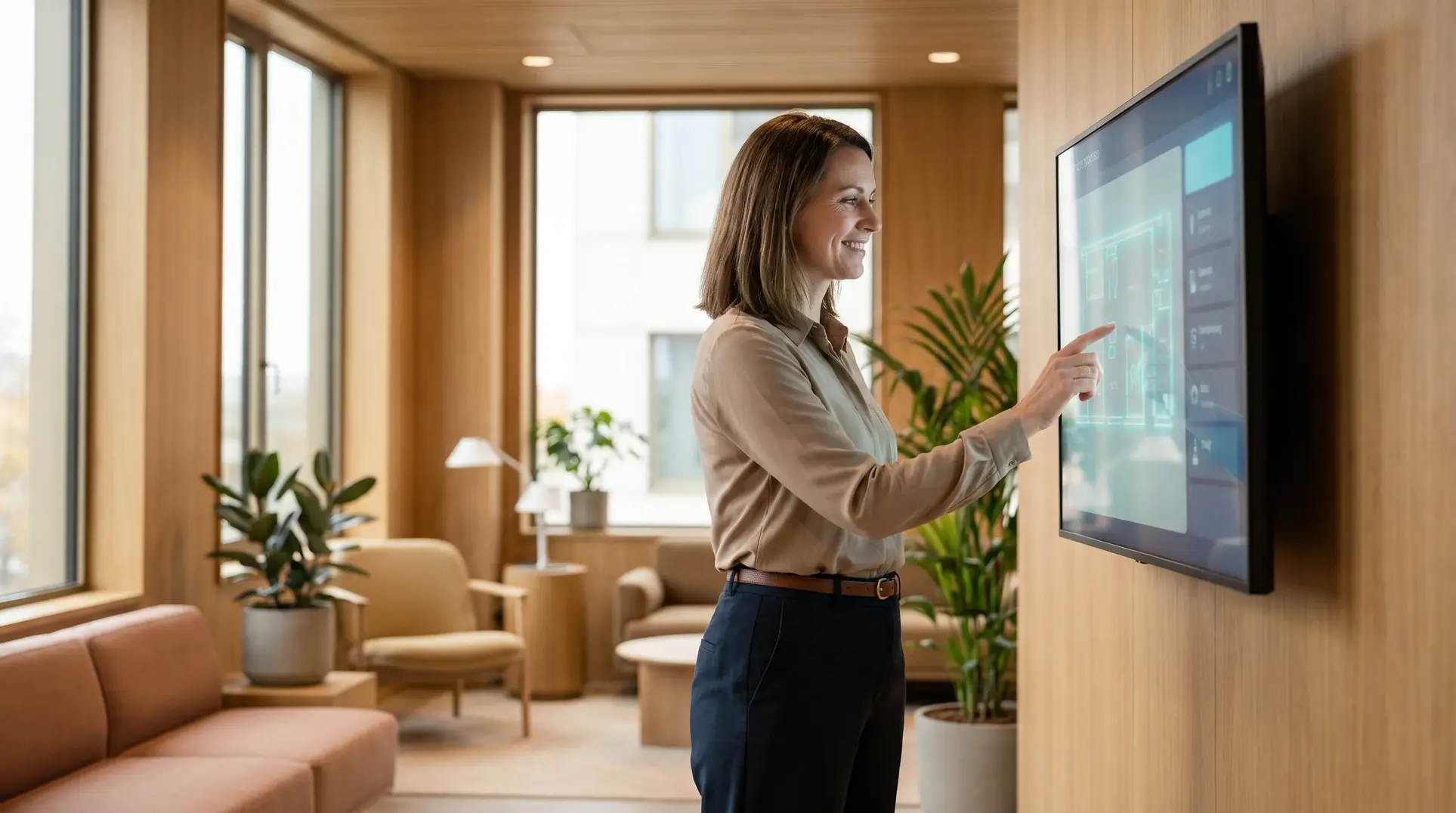 A person interacts with a wall-mounted touchscreen display in a modern, well-lit room featuring wooden walls, large windows, plants, and comfortable seating. The space has a stylish and welcoming atmosphere.