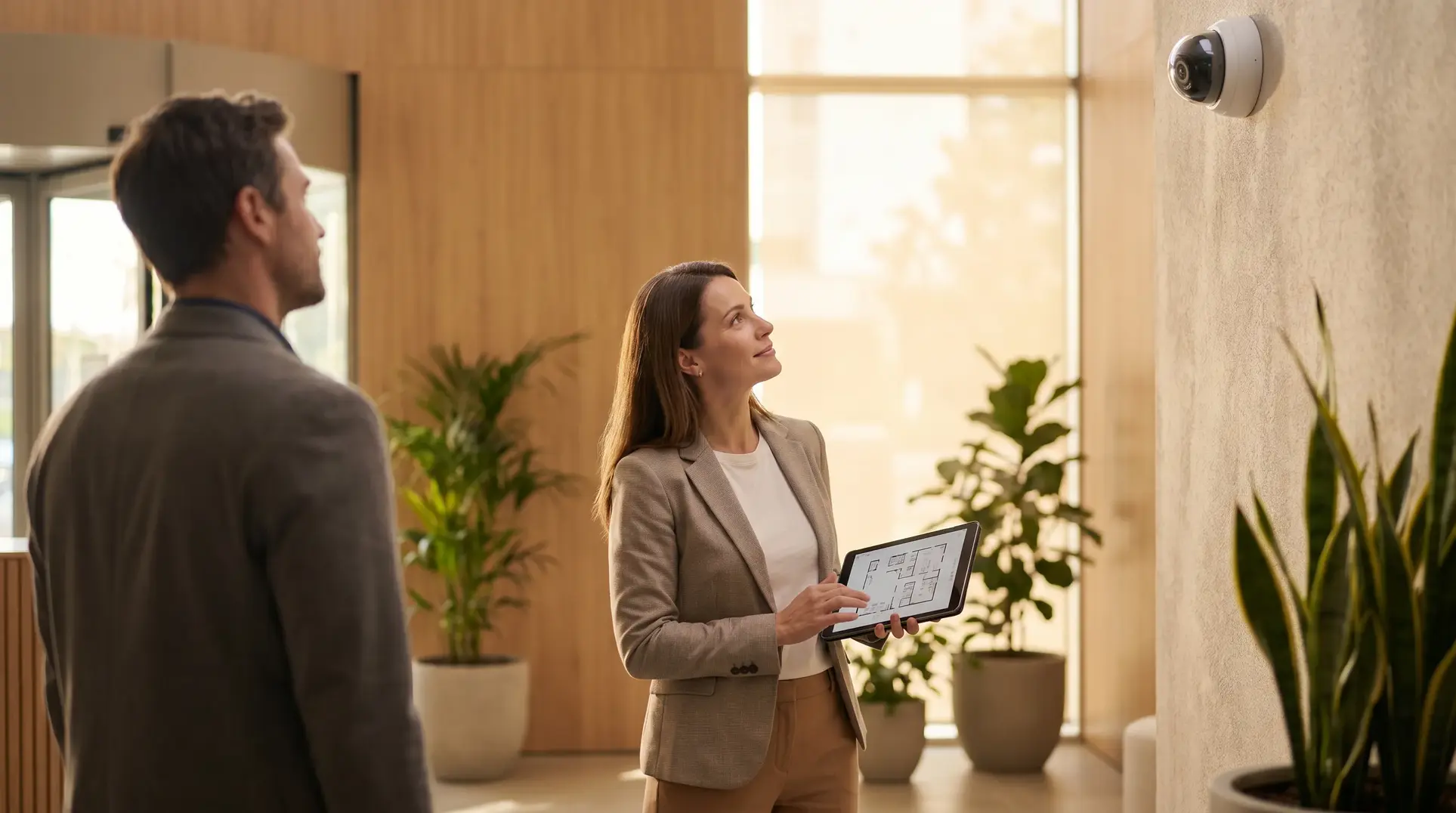 Two people in an office setting, one holding a tablet and pointing towards a security camera on the wall. The environment includes potted plants, large windows, and a professional atmosphere.
