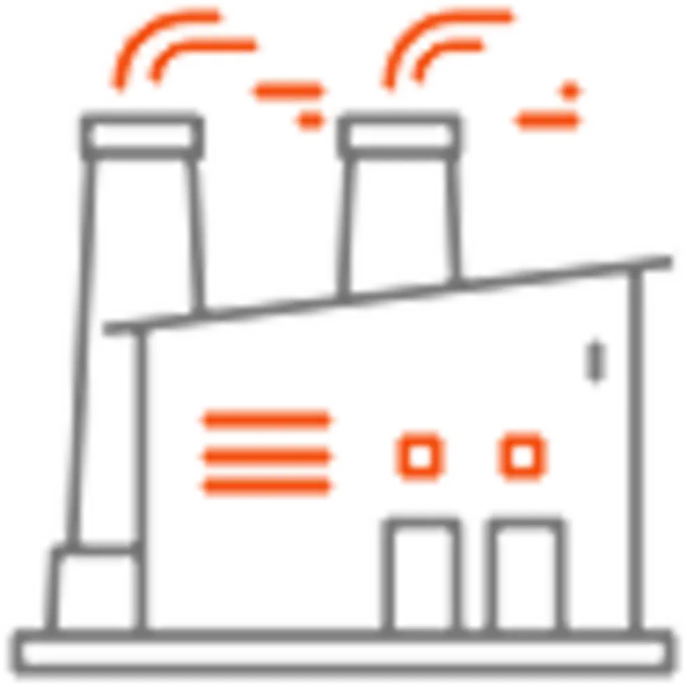 A stylized illustration of a factory or industrial building with two smokestacks emitting smoke. The structure has windows, doors, and horizontal line accents, with a gray and orange color scheme.