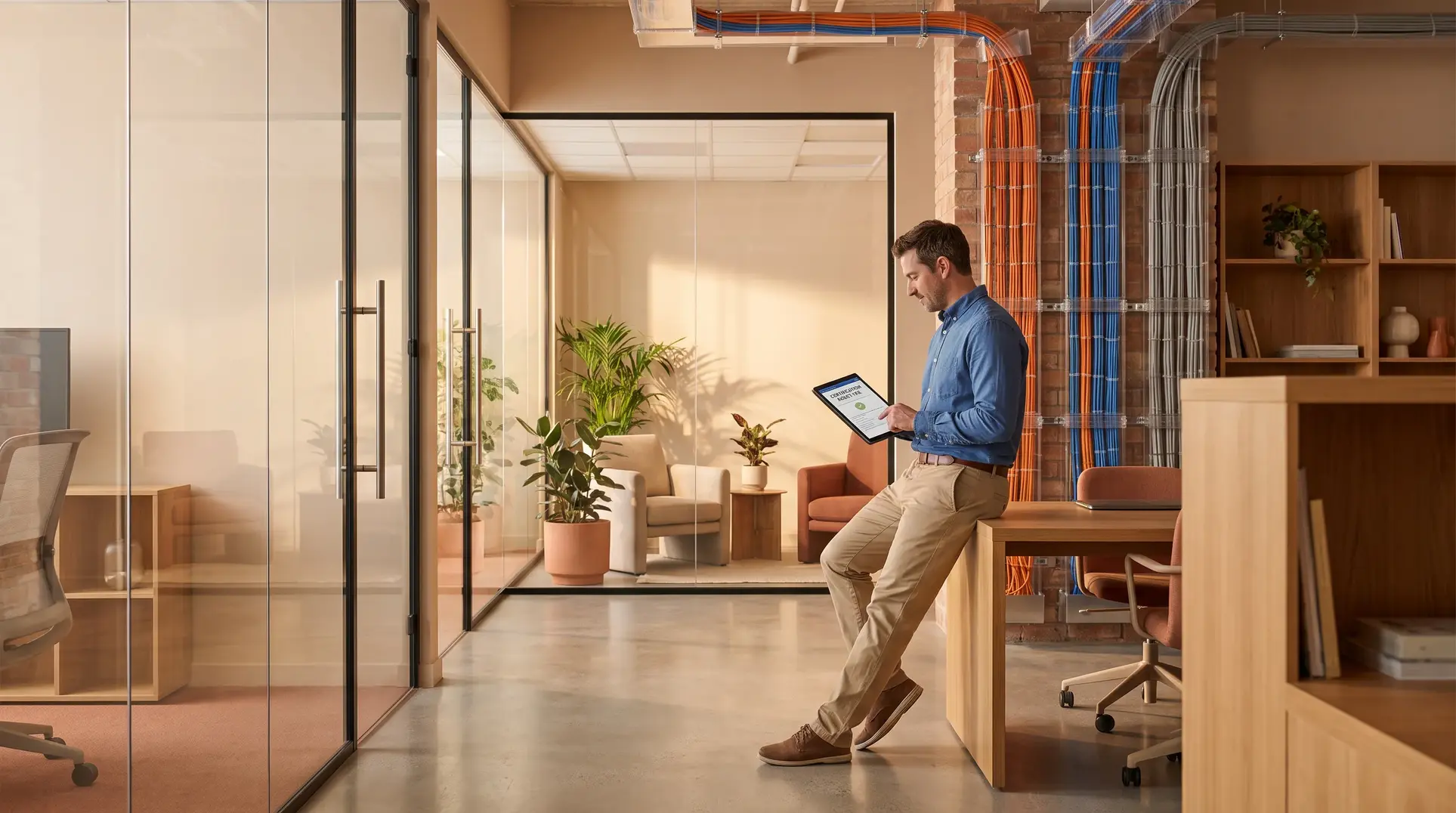 A man leans against a desk in a modern, well-lit office with glass walls and visible plants. He is holding a tablet and appears to be reviewing its screen, which might display a certificate. The room features colorful cables running along the wall, adding a tech-inspired touch, and has clean, organized decor including bookshelves and office chairs.