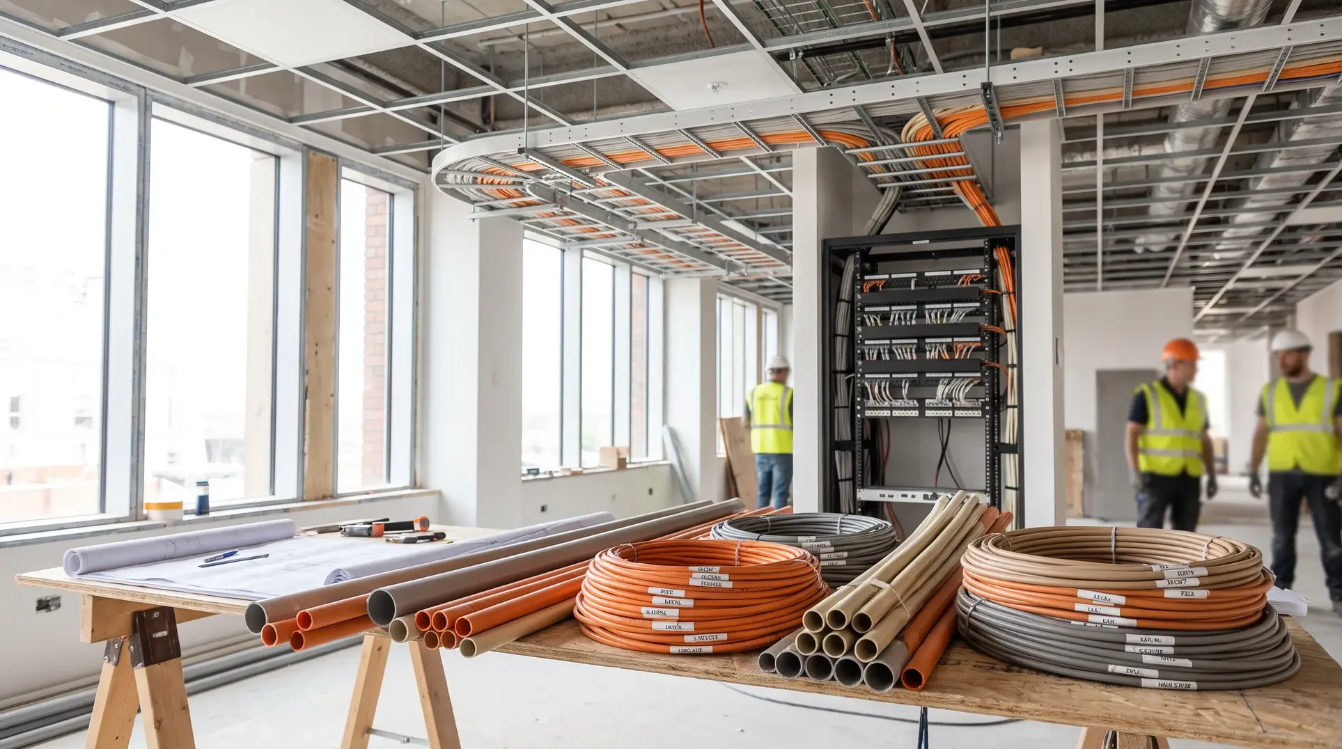 A construction site or building under renovation featuring a table in the foreground with coiled cables, pipes, and blueprints. In the background, orange cables are visible running along the ceiling into a server rack or panel. Workers wearing safety vests and helmets are seen, indicating ongoing construction in an unfinished office or commercial space with large windows.