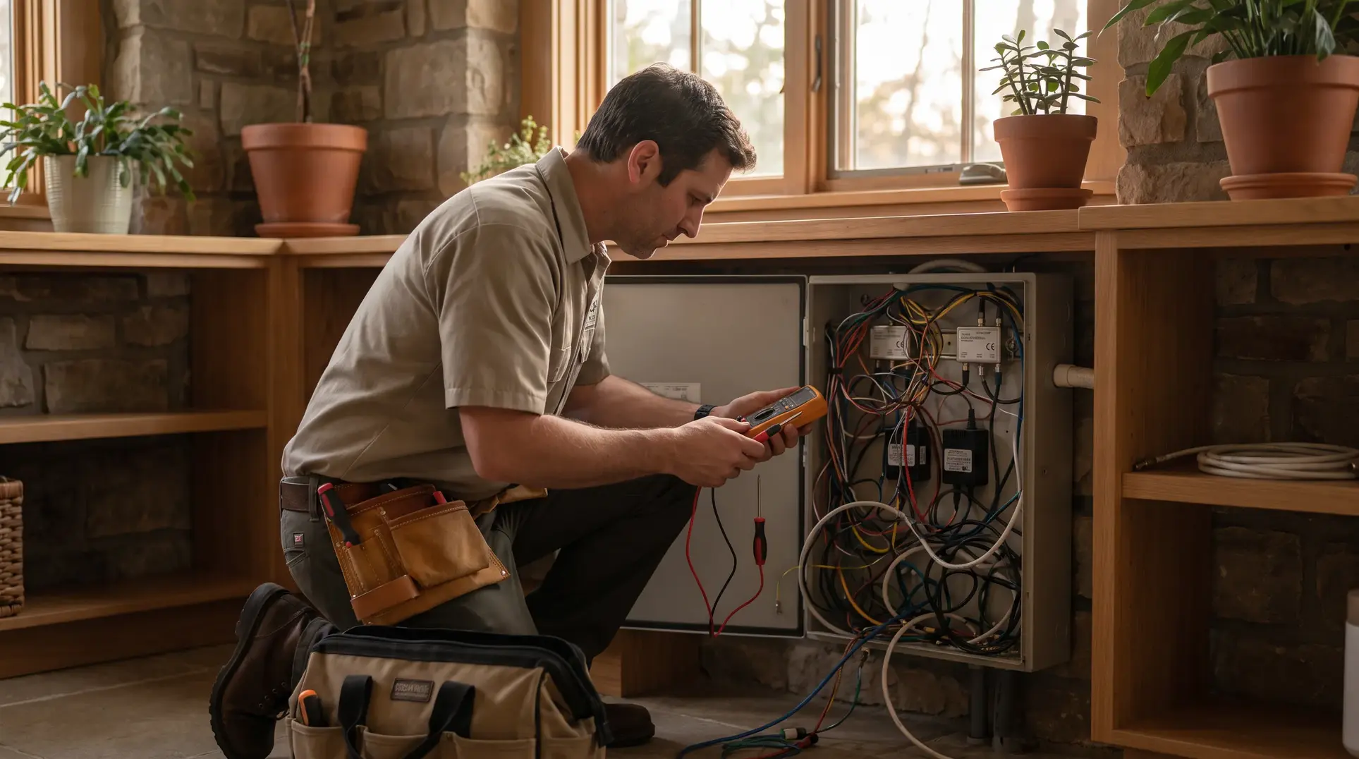 A person is working with electrical equipment indoors, holding a multimeter while testing or troubleshooting an electrical panel with various wires. The setting includes potted plants, a window in the background, and a tool bag on the floor nearby.