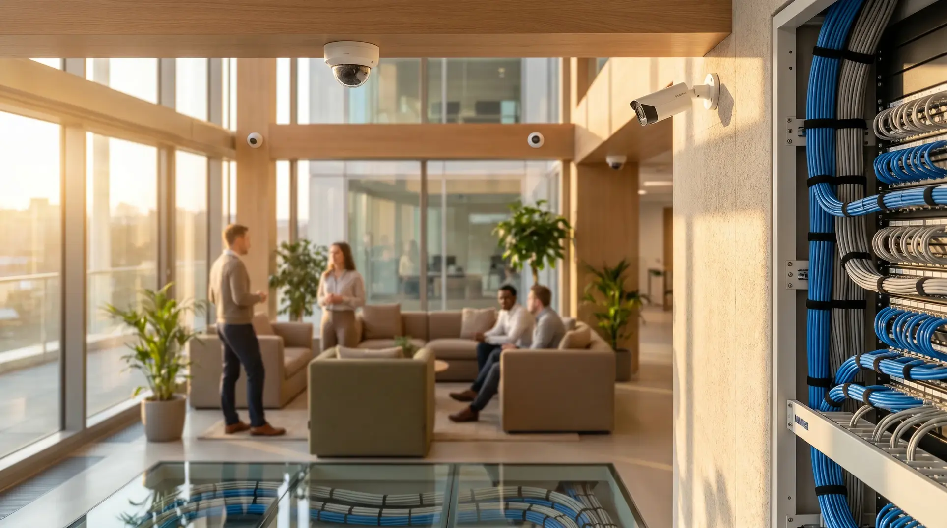 A modern office space with large windows allowing natural light to illuminate the area. People are seen conversing and sitting on couches in a comfortable setting. Security cameras are visible on the ceiling and walls, and a rack with neatly organized blue and gray network cables is on the right side. The decor includes green plants, enhancing the contemporary and inviting atmosphere of the office.