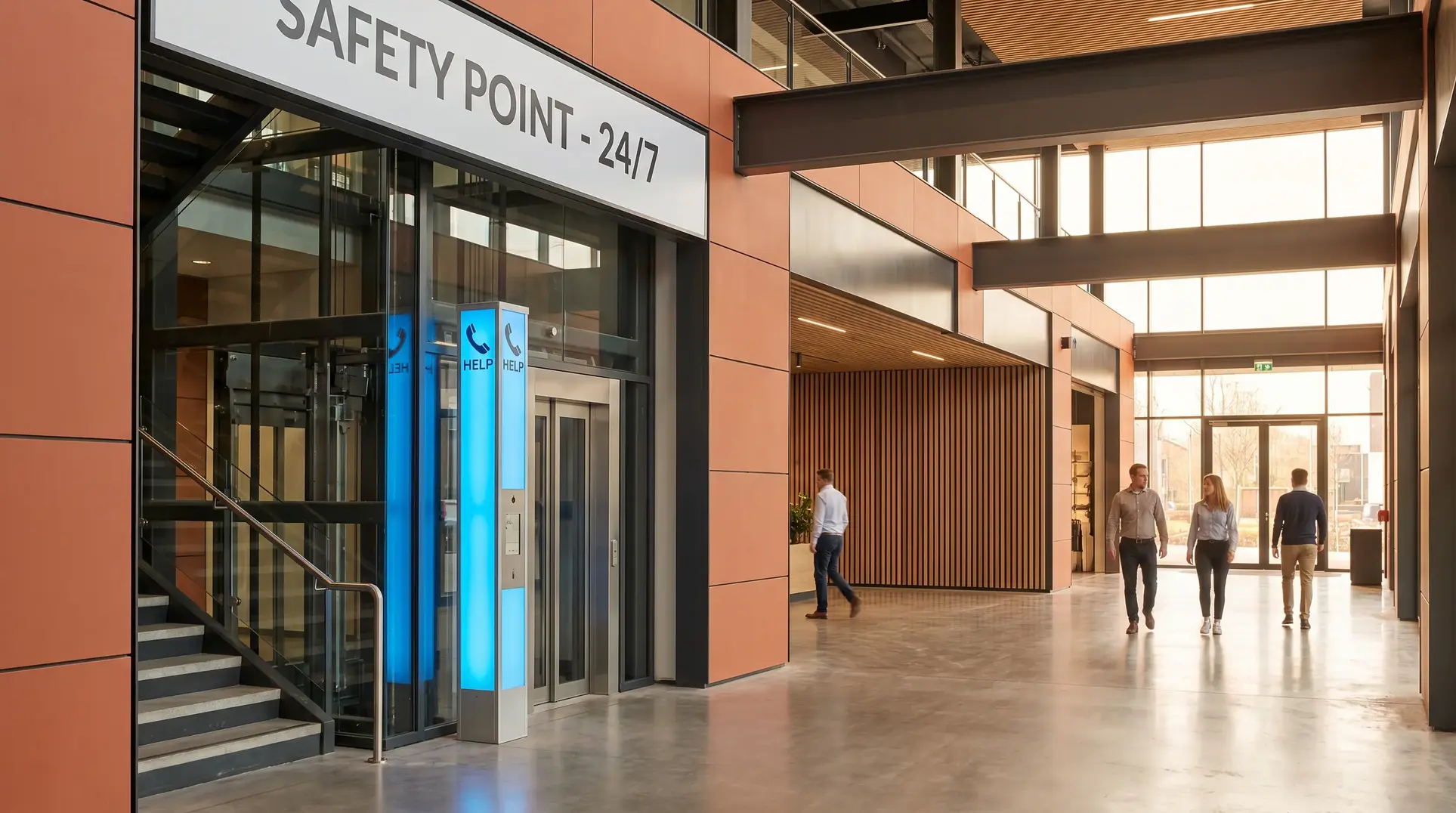 A modern indoor setting showcasing a 'Safety Point - 24/7' area, featuring an elevator next to a staircase and a help station with illuminated blue panels. The room has a polished concrete floor, high ceilings, and large windows allowing natural light. Three people are walking through the well-lit space.