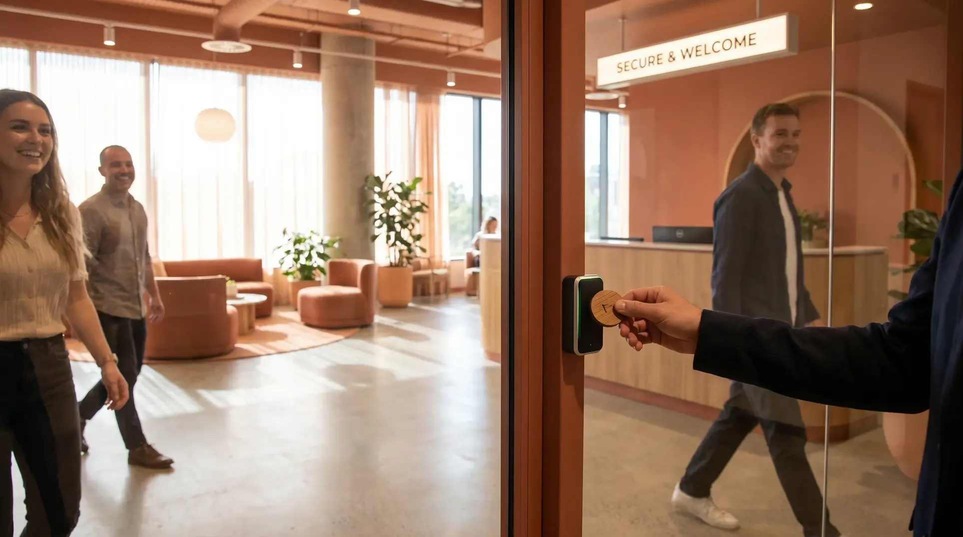 A modern office lobby featuring people walking, one using a keycard to access a secured door labeled 'SECURE & WELCOME.' The space is warmly decorated with comfortable seating, plants, and large windows allowing natural light.