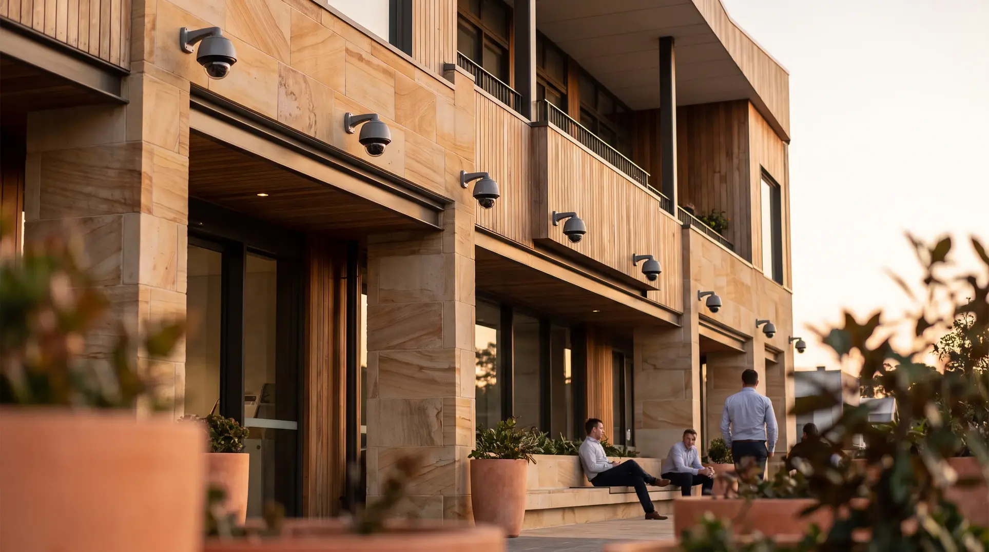 A contemporary building exterior featuring a mix of stone and wood elements, large windows, and balconies. Several security cameras are mounted on the building. In the foreground, there are large potted plants, with a courtyard or patio area where a few people are seated and standing.