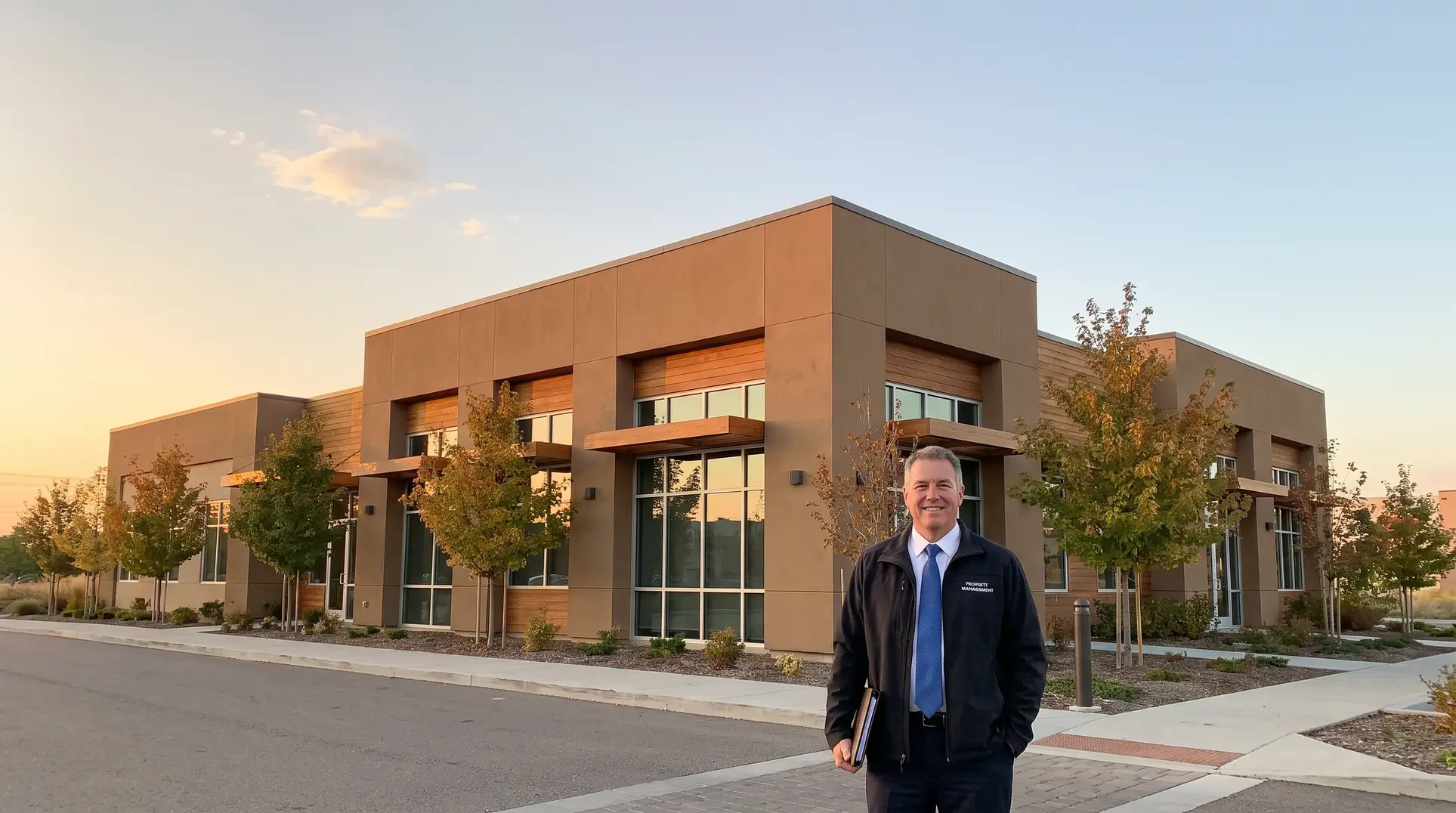 A man in a suit stands in front of a modern building with large windows and trees lining the sidewalk. He is holding a notebook or file folder. The sky is clear, indicating it might be near sunset or sunrise.