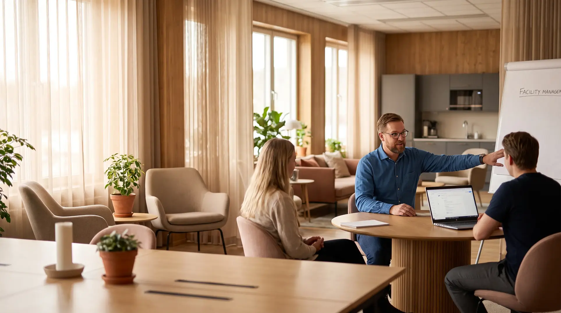Three people in a modern office seated around a table, discussing a flipchart that says 'FACILITY MANAGER.' A laptop is on the table, with chairs, small tables, and potted plants in the room. Large windows with sheer curtains provide natural light, and a small kitchen area is visible in the background, creating an informal and collaborative atmosphere.