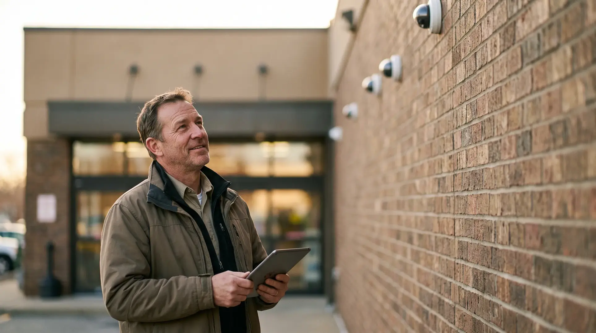 A man standing outside a building holding a tablet, looking up at several security cameras mounted on a brick wall near the building's entrance, with windows or doors visible in the background.