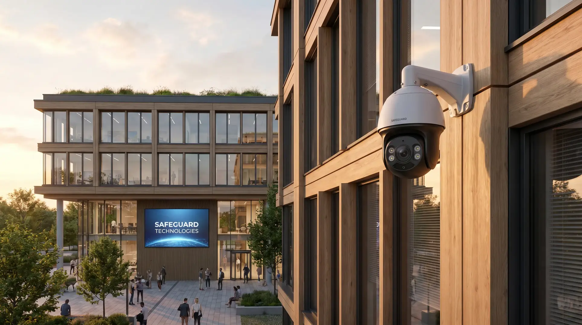 A modern building with large glass windows and a surveillance camera mounted on the exterior wall. People are walking and standing in the courtyard area. A digital sign on the building reads 'SAFEGUARD TECHNOLOGIES.' The scene is set during the day with clear skies.