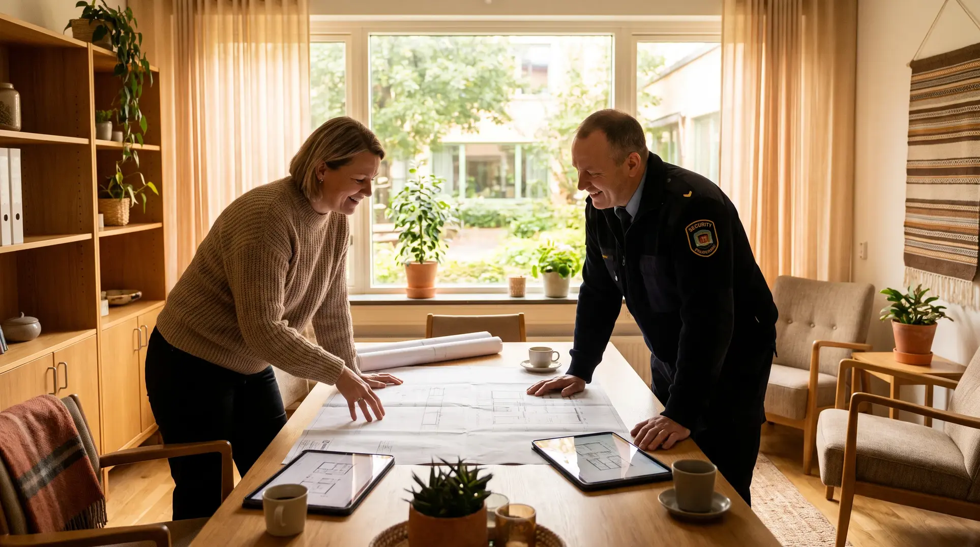 Two people stand at a table in a cozy, well-lit room with large windows. They are reviewing architectural blueprints. One person is in a security uniform. The table holds tablets, coffee cups, and potted plants. The background features wooden shelves and additional plants, creating a warm and inviting atmosphere.