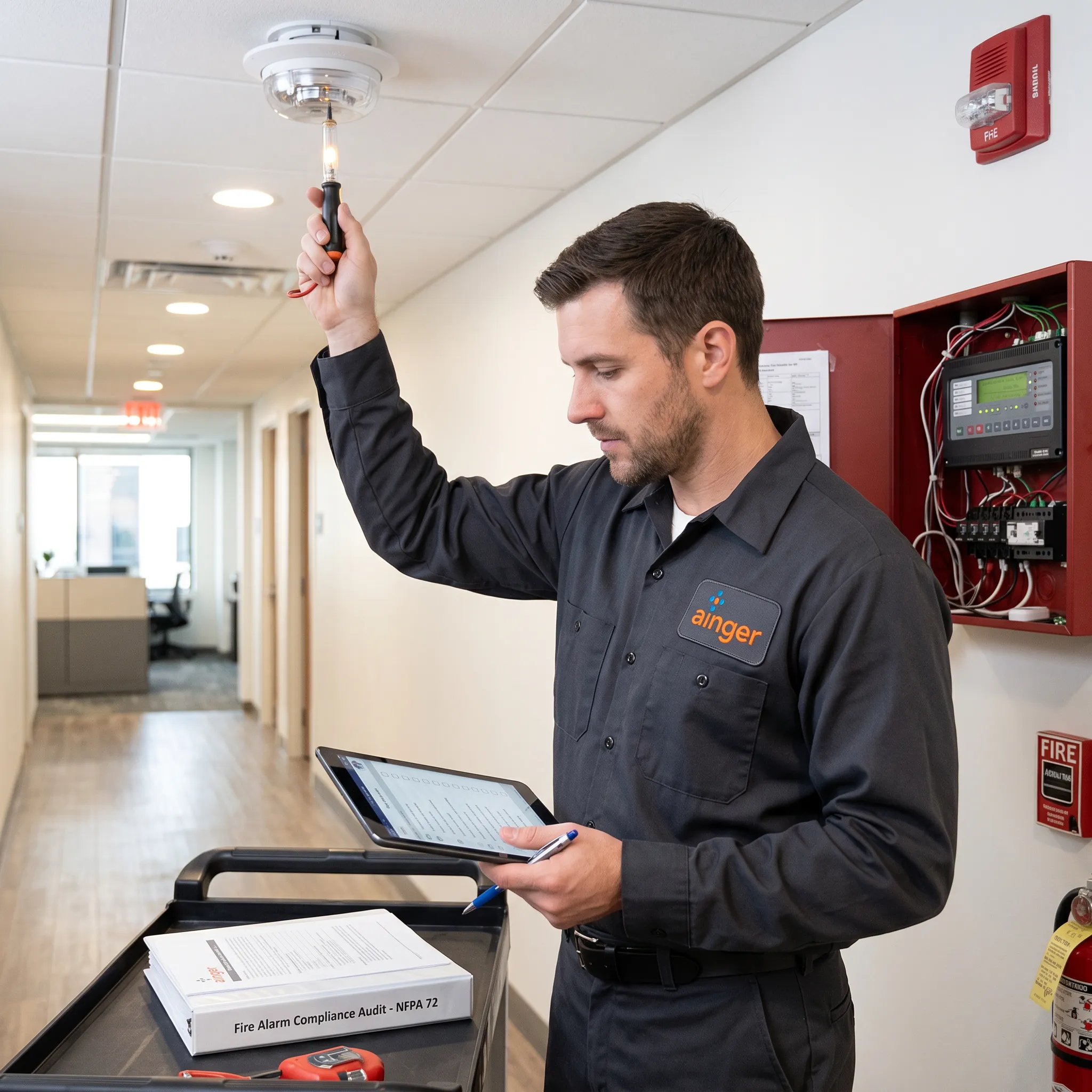 Fire alarm system audit with technician testing notification devices and verifying NFPA 72 compliance for commercial facility