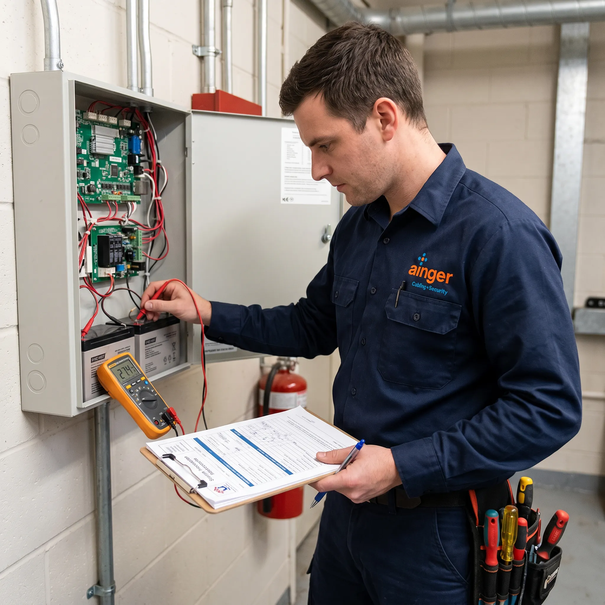 Fire alarm control panel inspection and battery testing during annual maintenance with compliance documentation