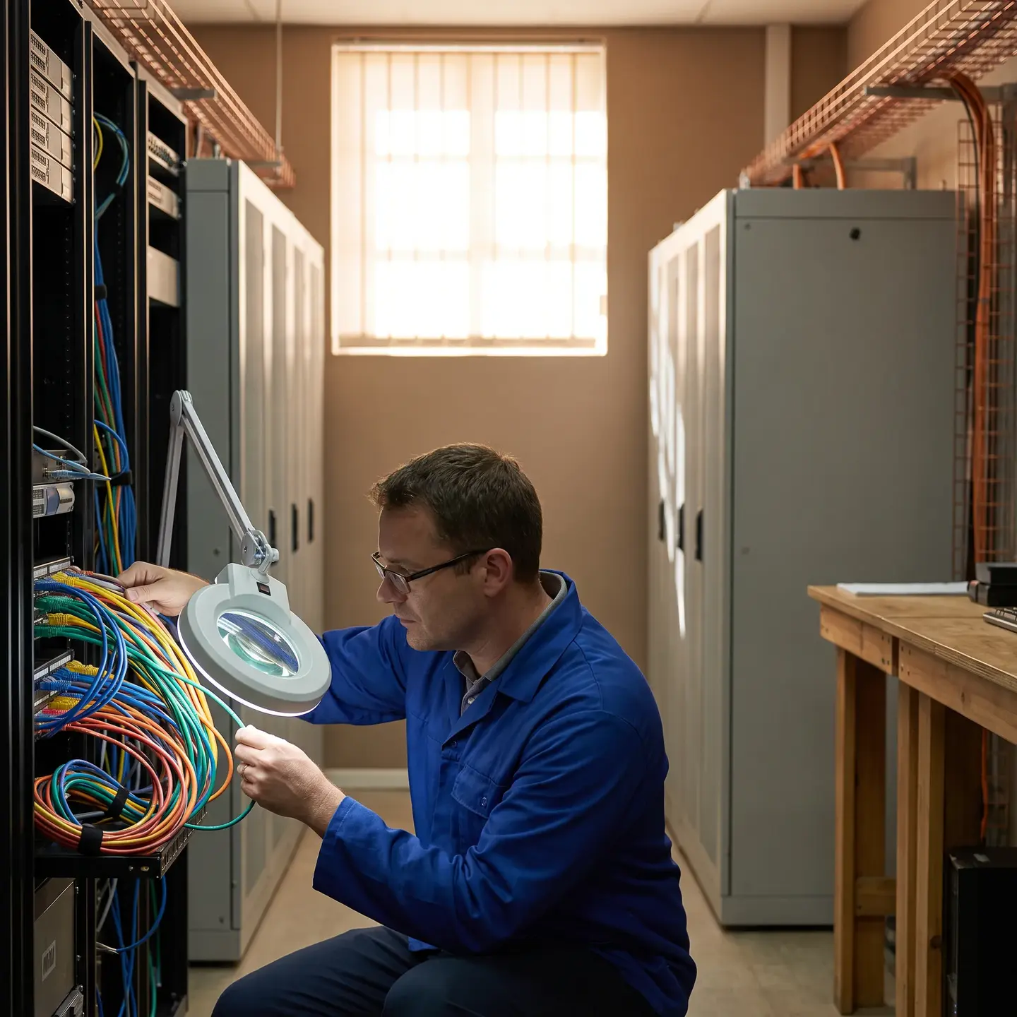 Technician performing cable inspection